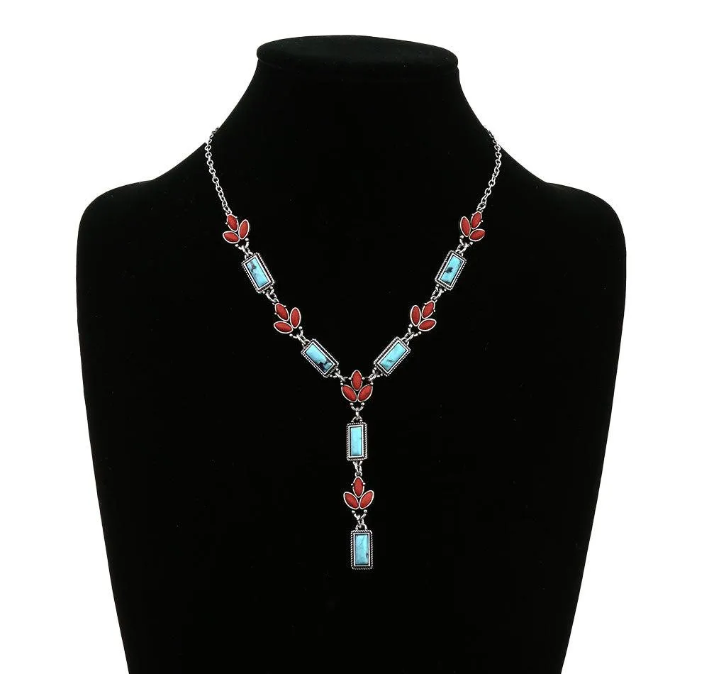 Josephine Fashion Red & Turquoise Stone Y Necklace Or Earrings