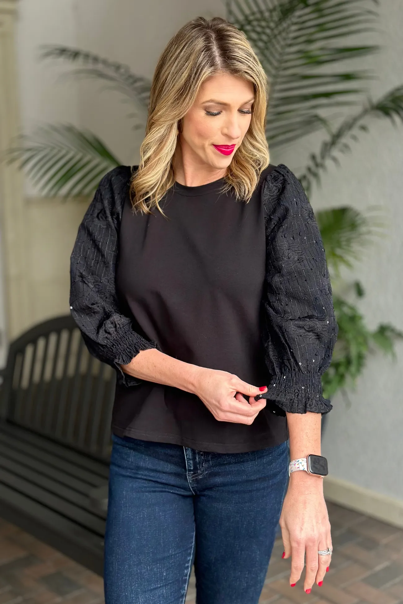 Joy Joy: Wear It Well Embroidered Sleeve Knit Top