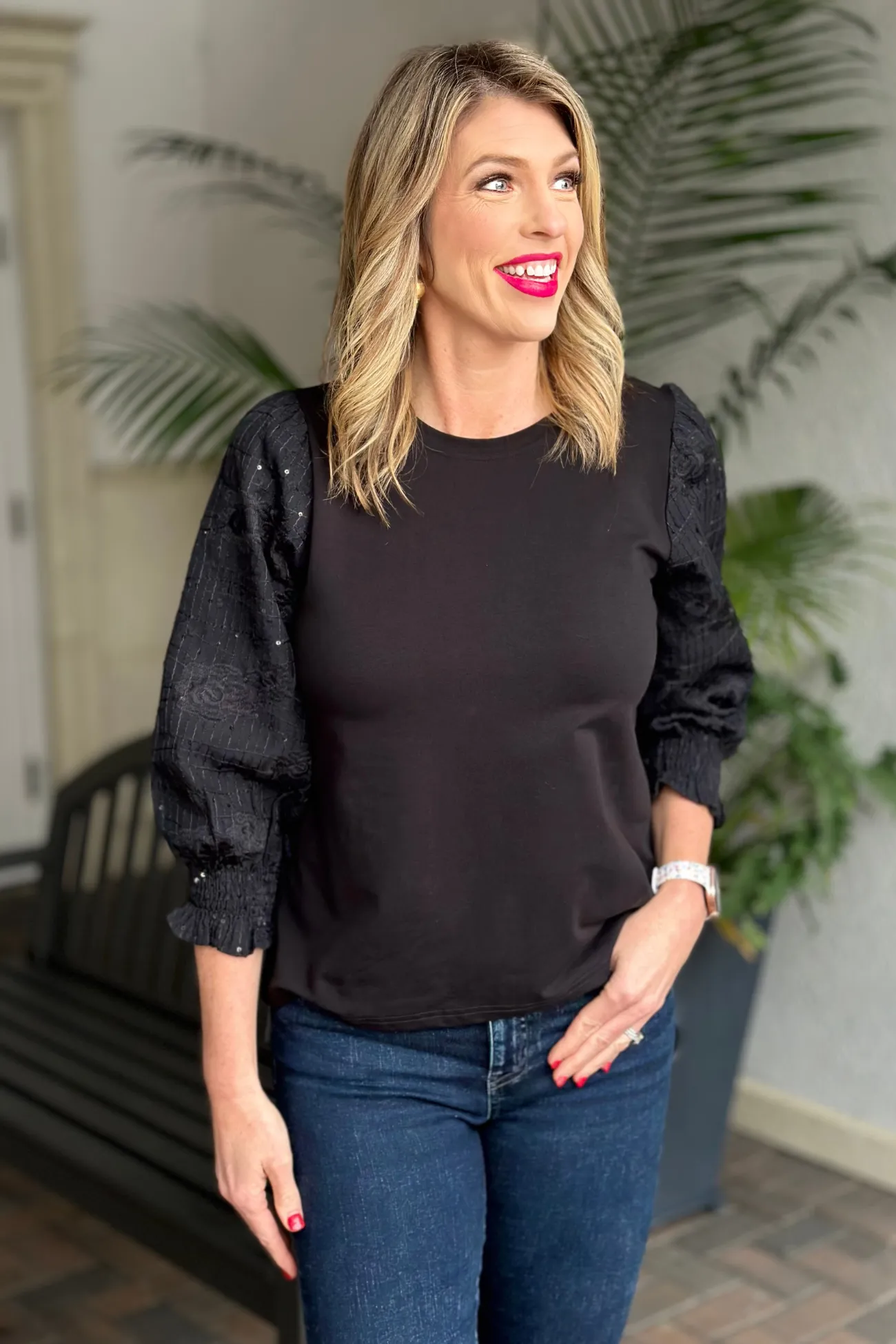 Joy Joy: Wear It Well Embroidered Sleeve Knit Top