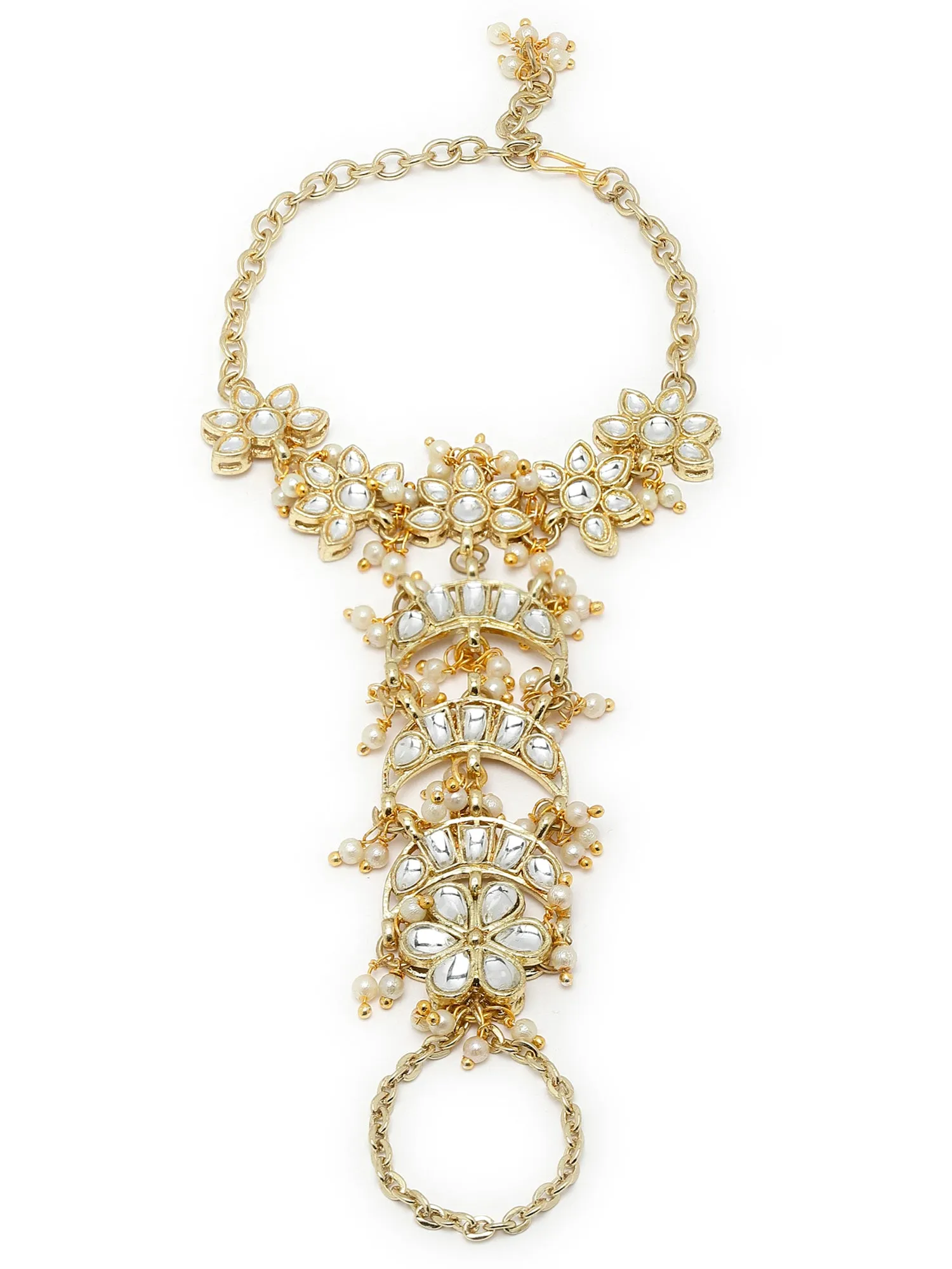 Karacart Gold Plated Pearl and Moon Shape Kundan Hathphool for Women