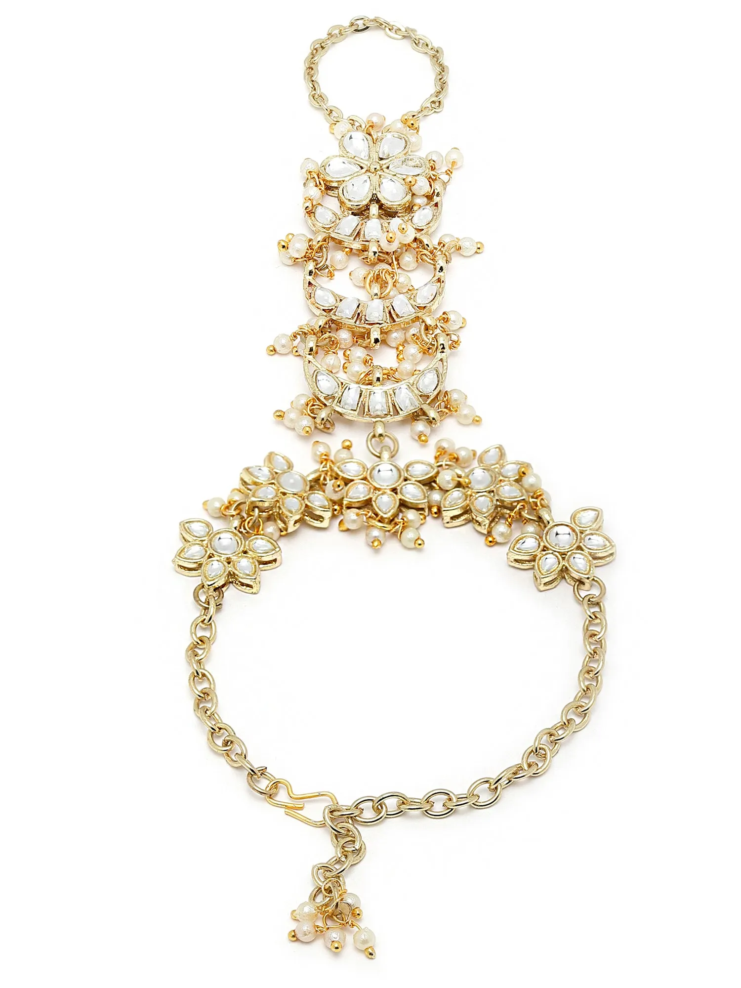 Karacart Gold Plated Pearl and Moon Shape Kundan Hathphool for Women