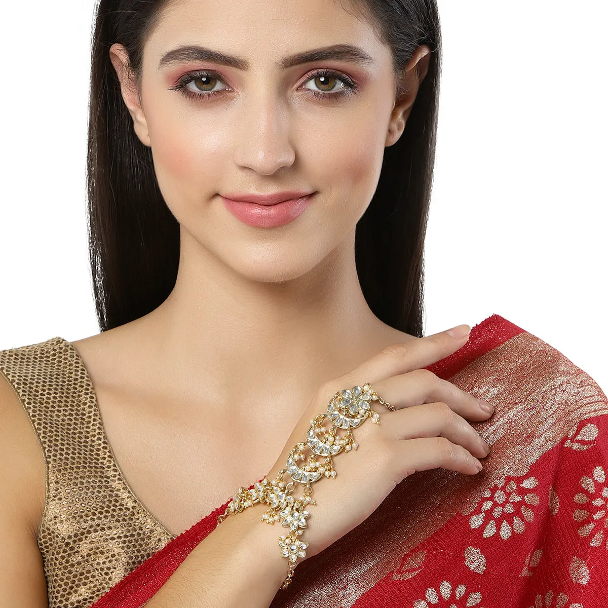 Karacart Gold Plated Pearl and Moon Shape Kundan Hathphool for Women