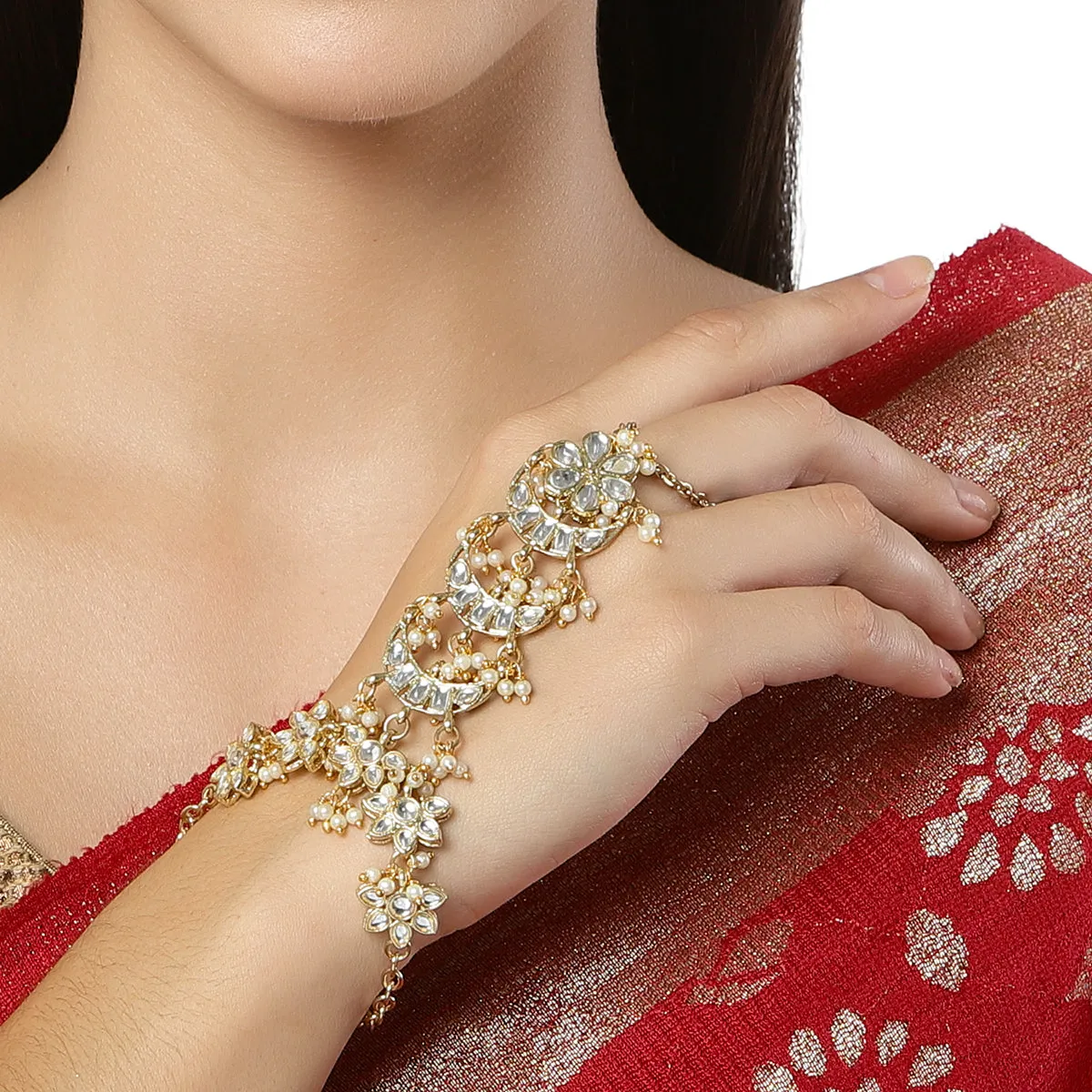 Karacart Gold Plated Pearl and Moon Shape Kundan Hathphool for Women