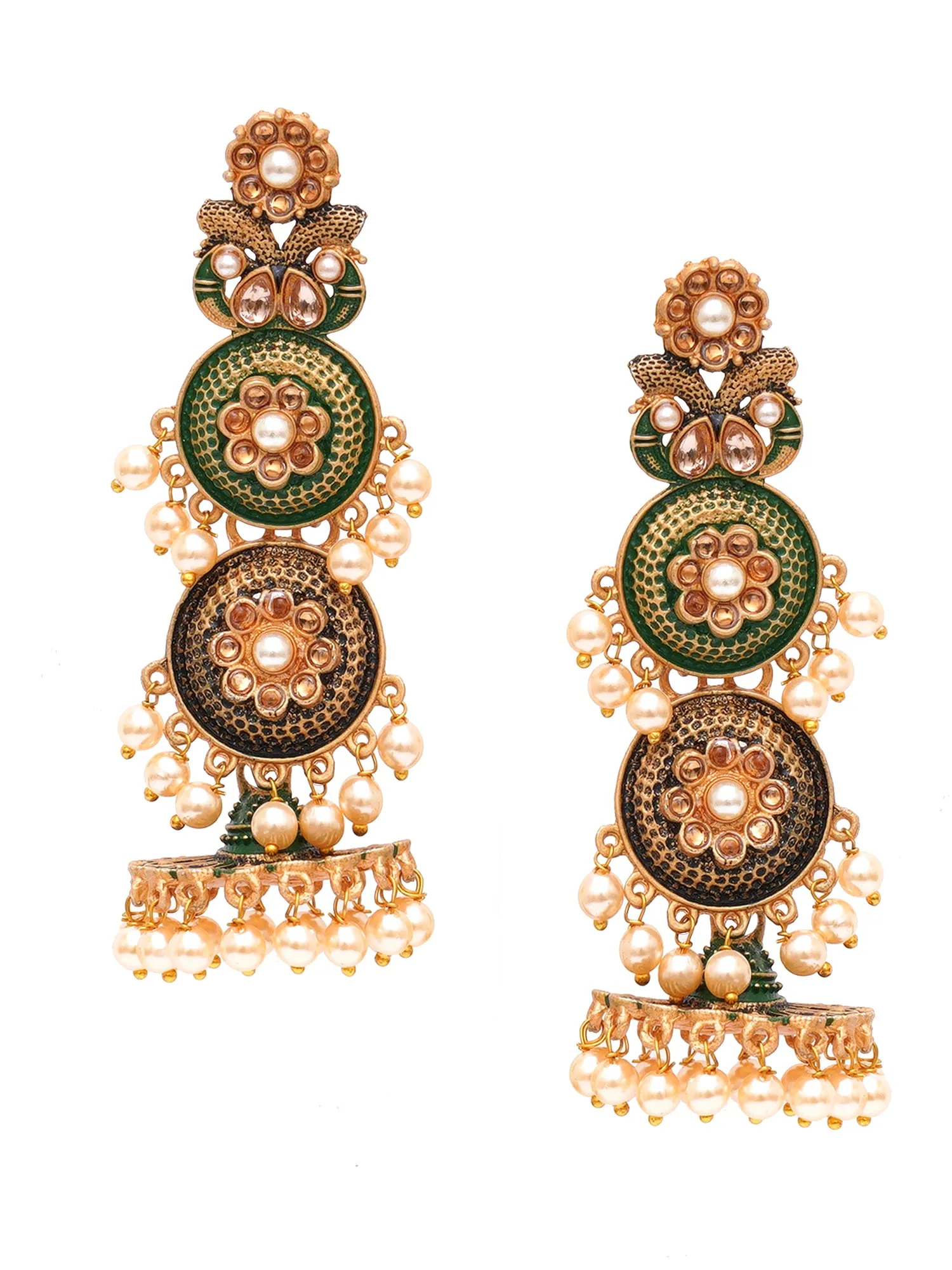 Karatcart Gold Plated Antique Floral Design Green Drop Earrings for Women