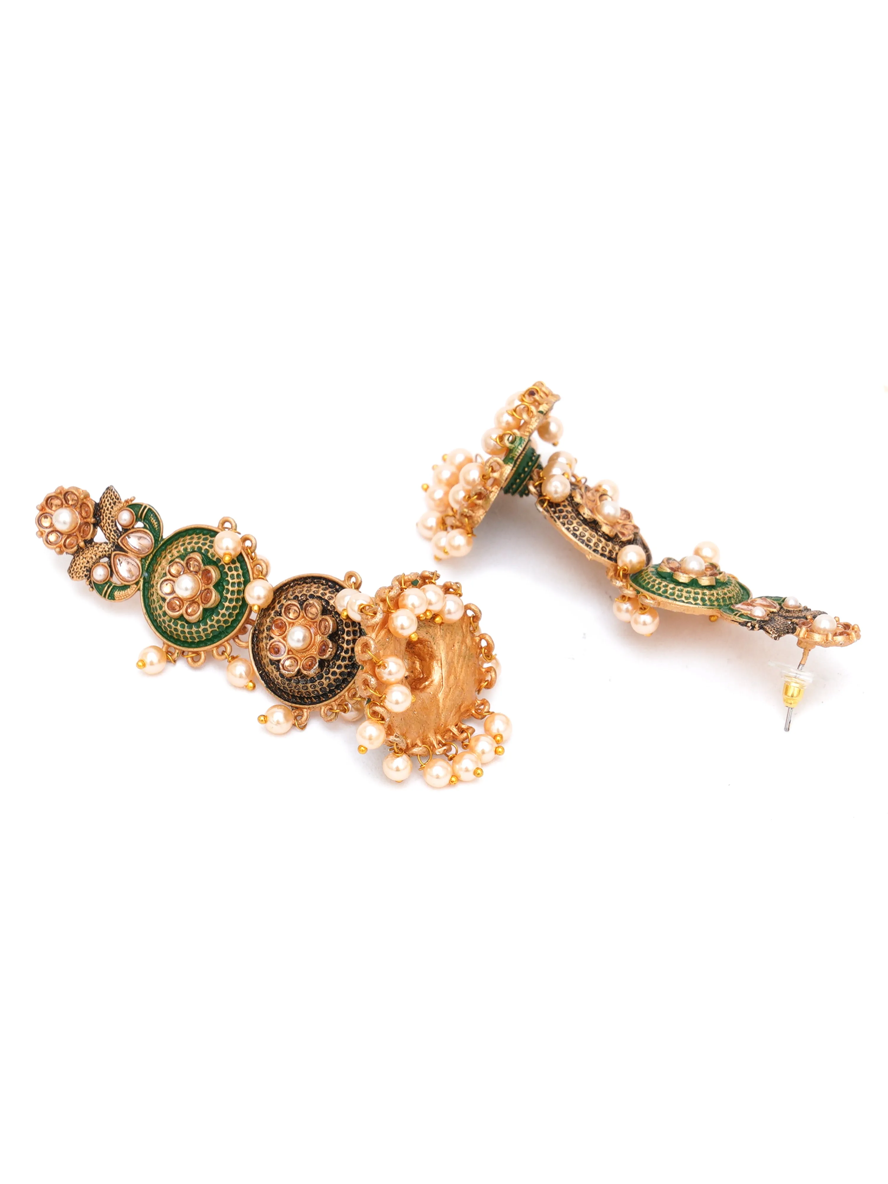 Karatcart Gold Plated Antique Floral Design Green Drop Earrings for Women