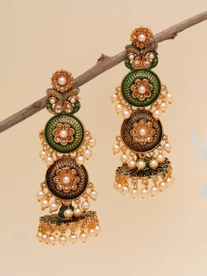 Karatcart Gold Plated Antique Floral Design Green Drop Earrings for Women