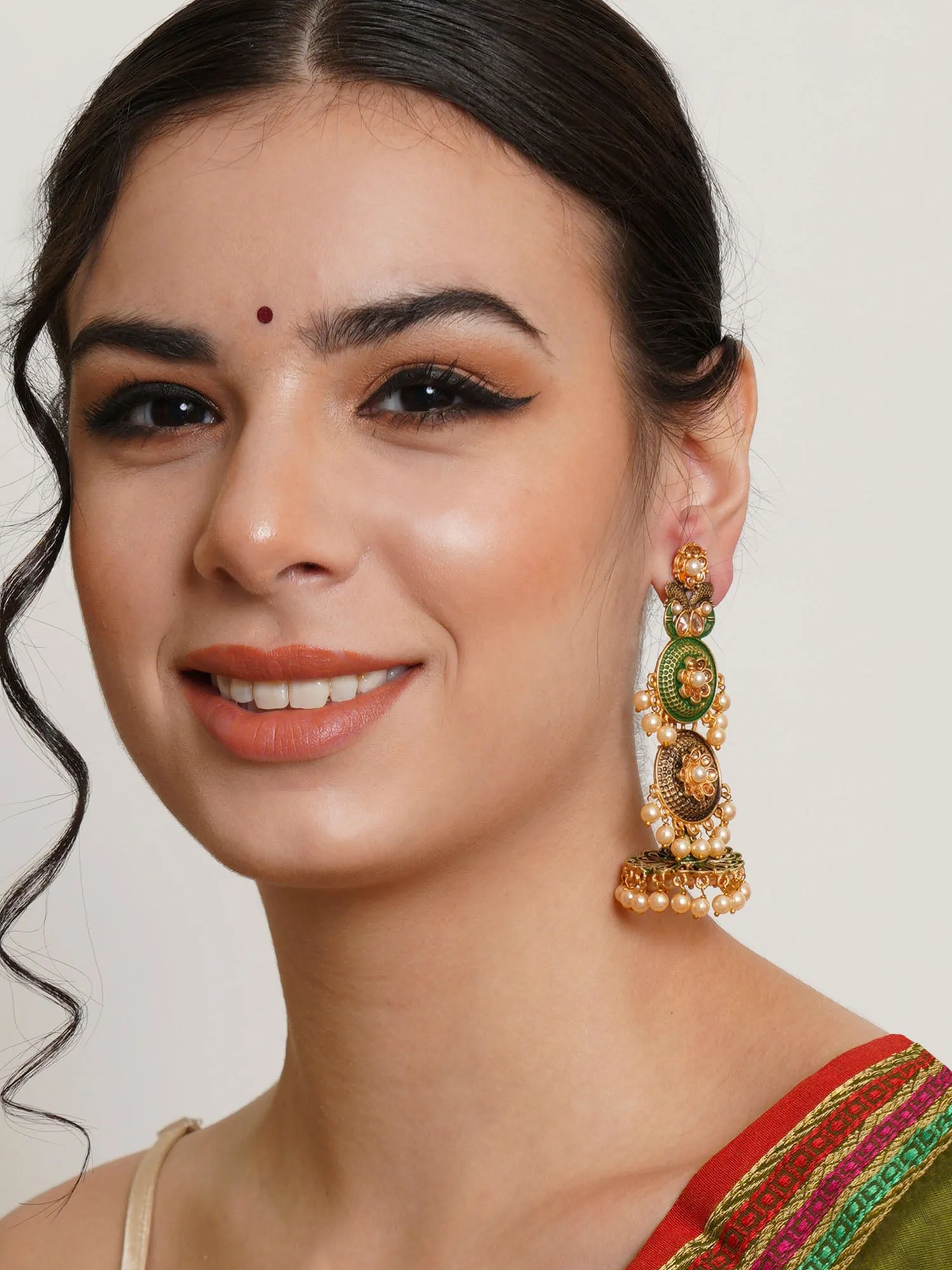 Karatcart Gold Plated Antique Floral Design Green Drop Earrings for Women