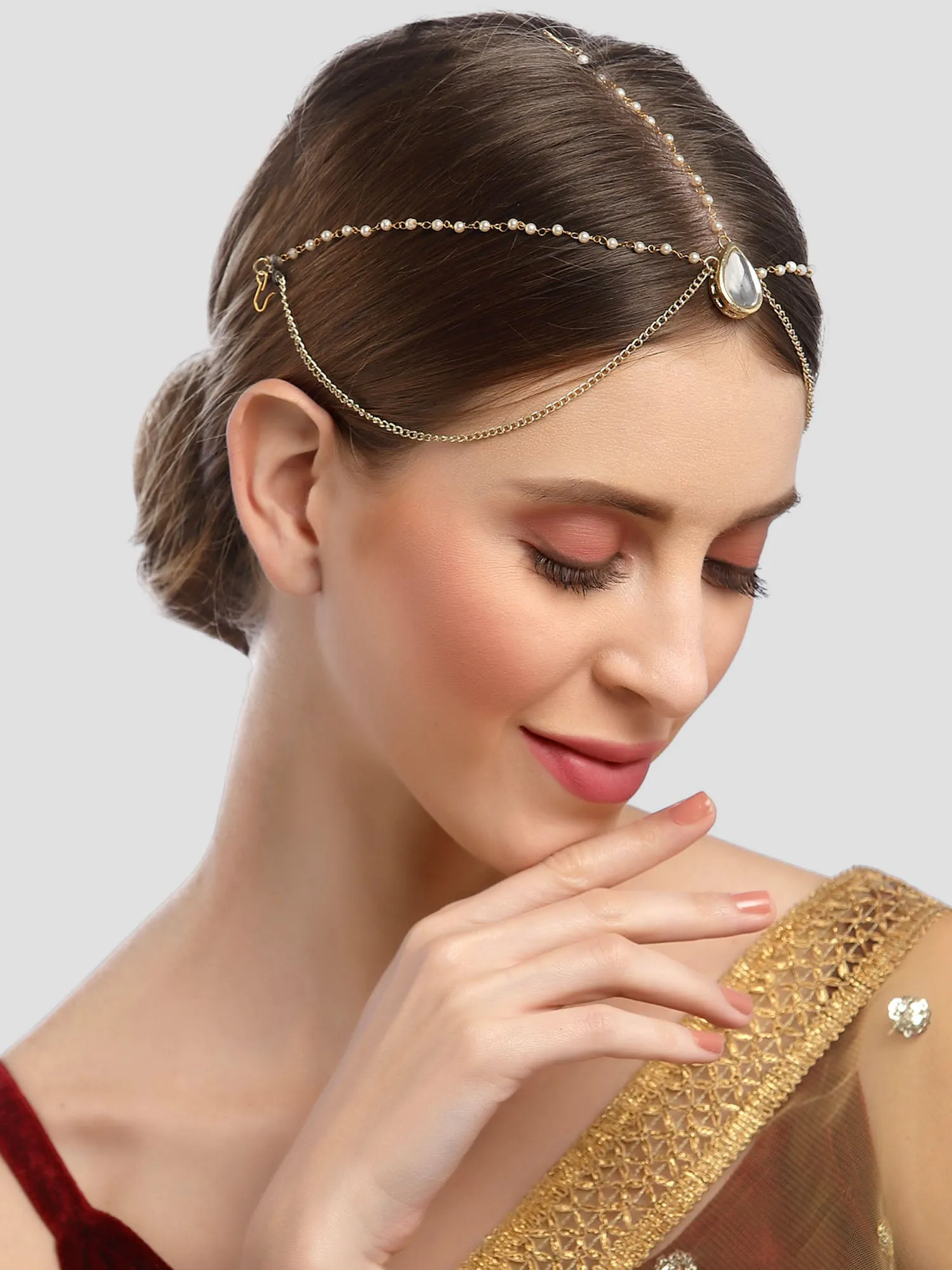 Karatcart Gold Plated Drop Shape Pearl Chain Mathapatti for Women