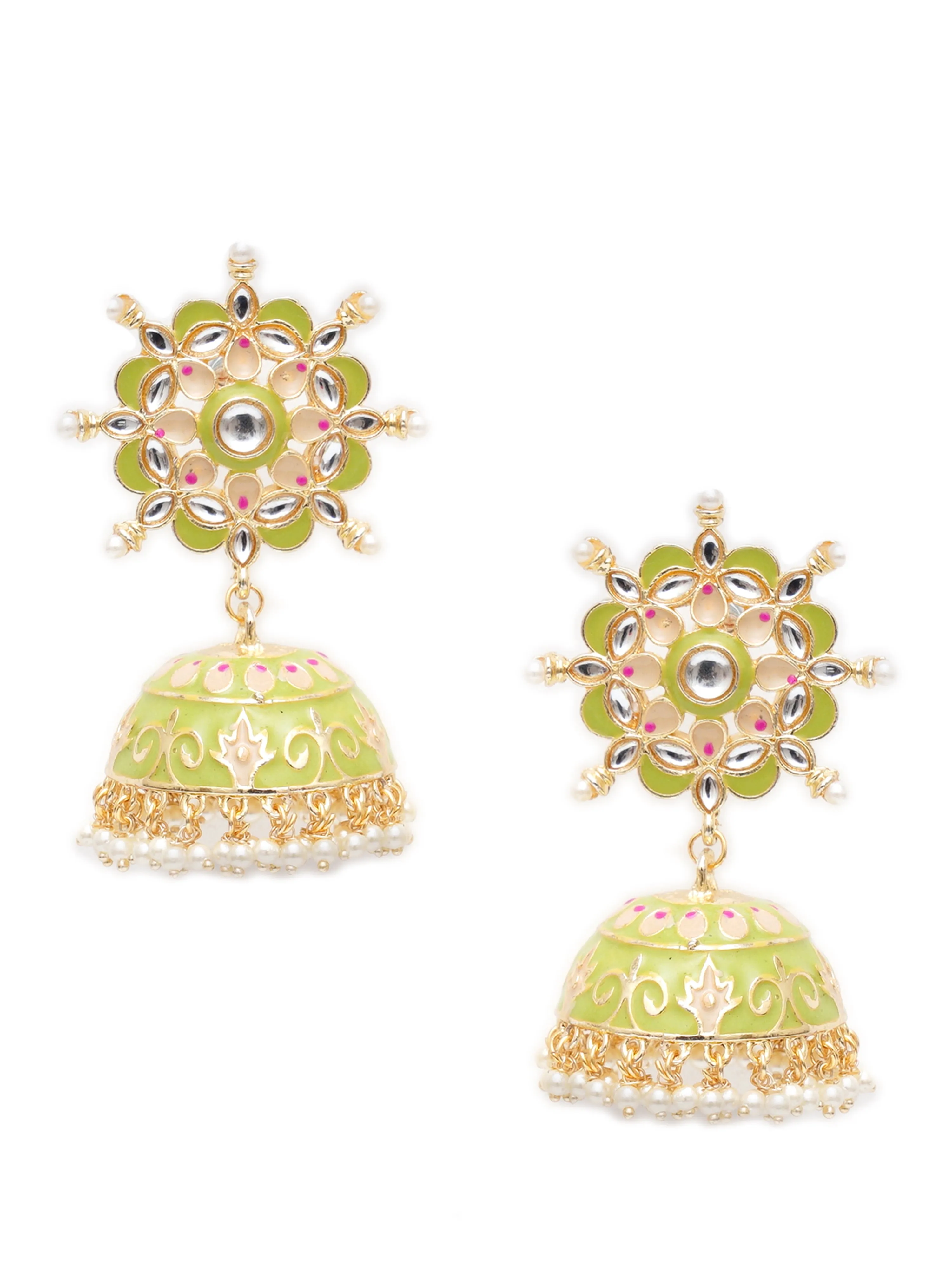 Karatcart Gold Plated Floral Design Light Green Meena and Pearl Jhumki Earrings for Women