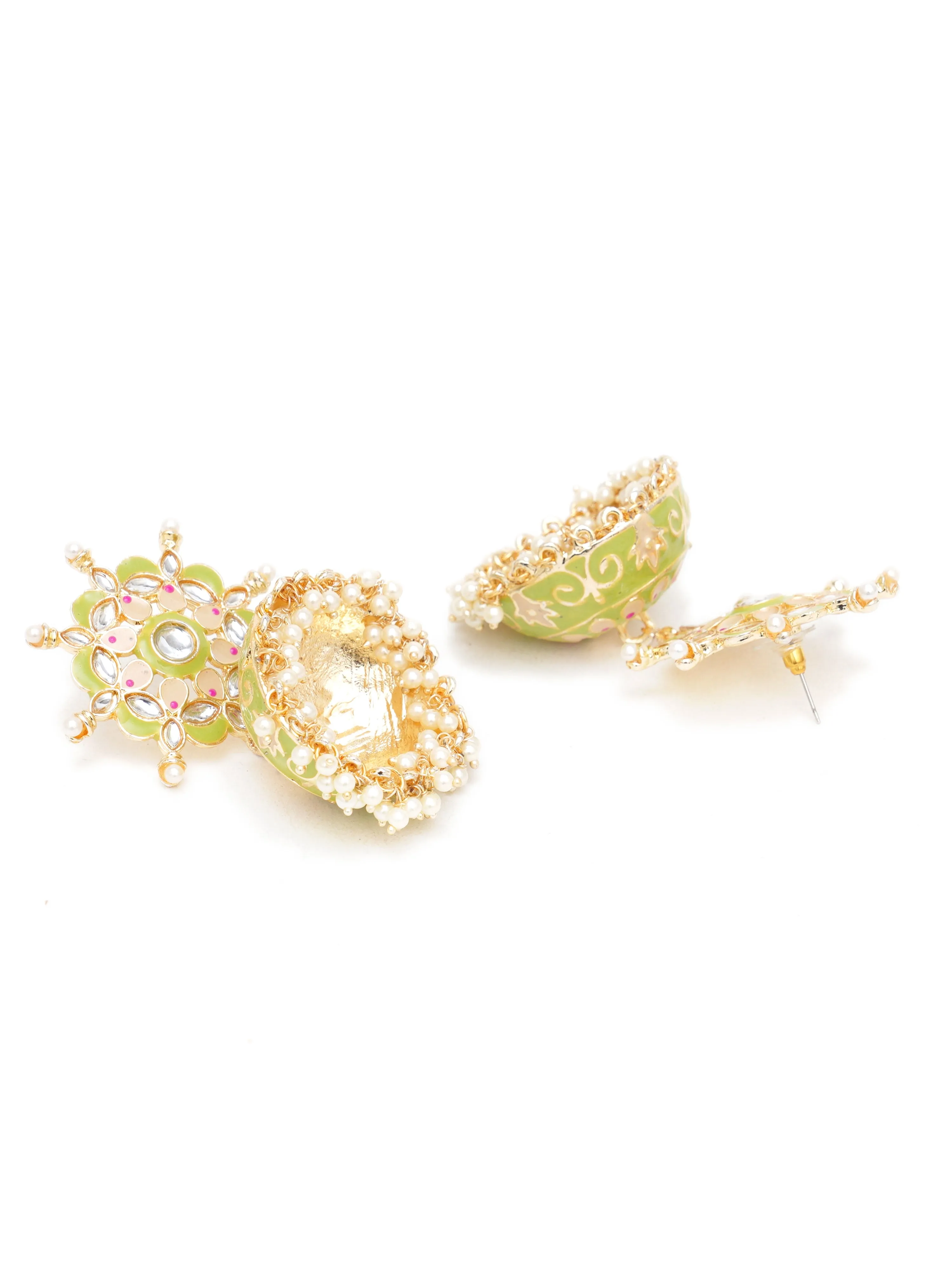 Karatcart Gold Plated Floral Design Light Green Meena and Pearl Jhumki Earrings for Women