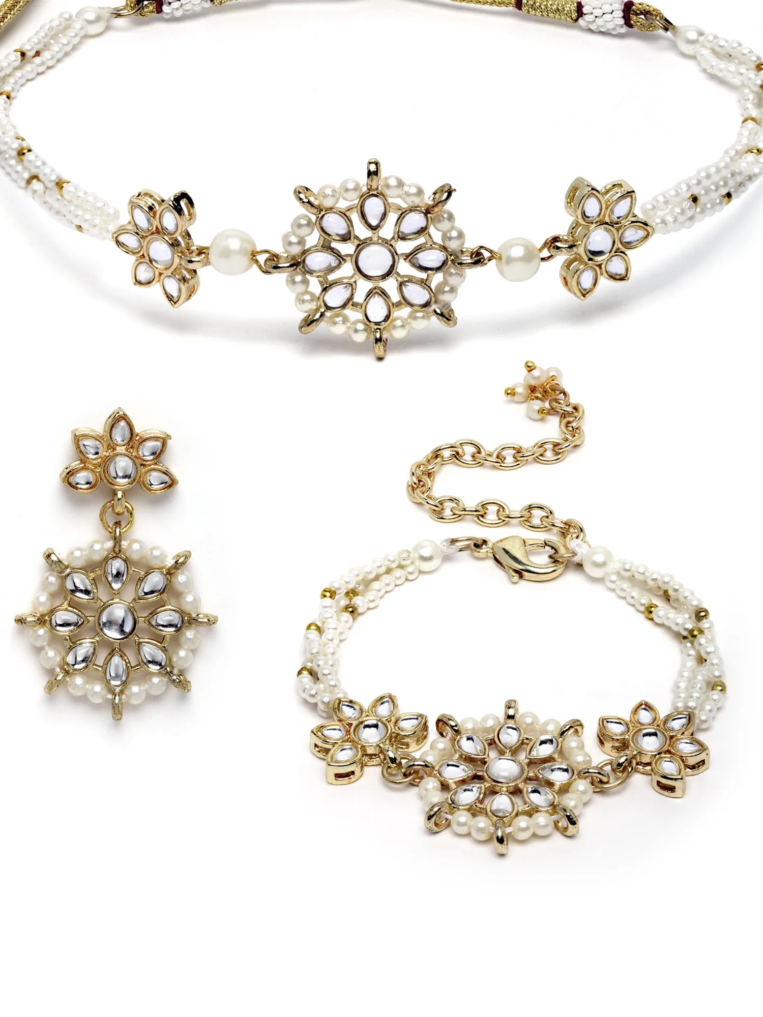 Karatcart Gold Plated Floral Pearl Beaded Choker Necklace with Earrings and Bracelet