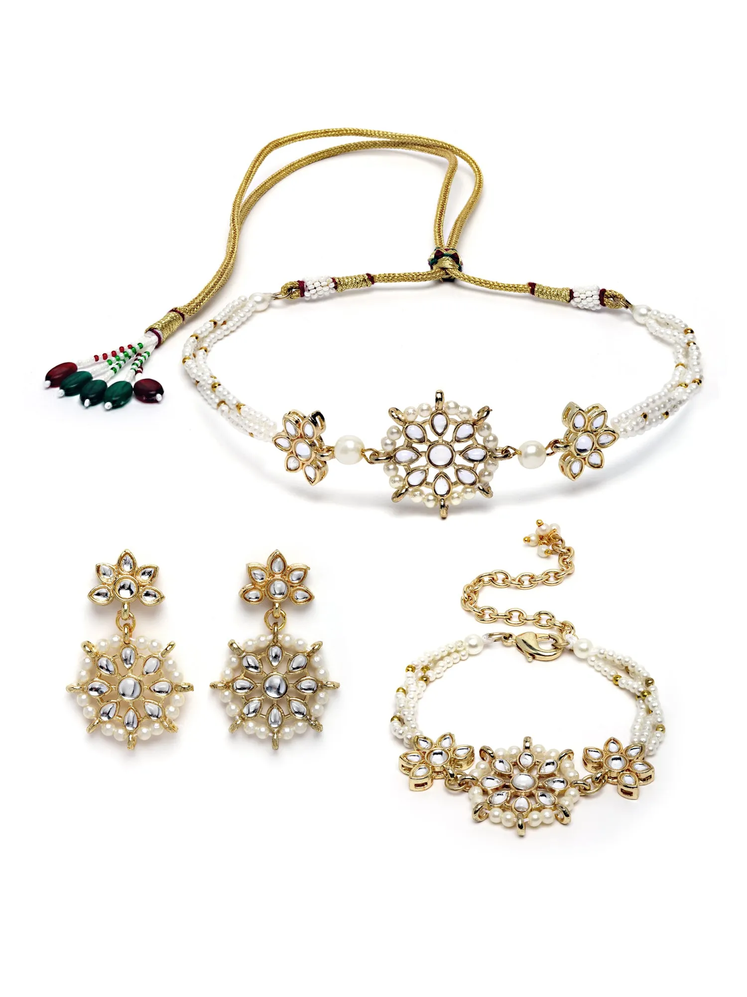 Karatcart Gold Plated Floral Pearl Beaded Choker Necklace with Earrings and Bracelet