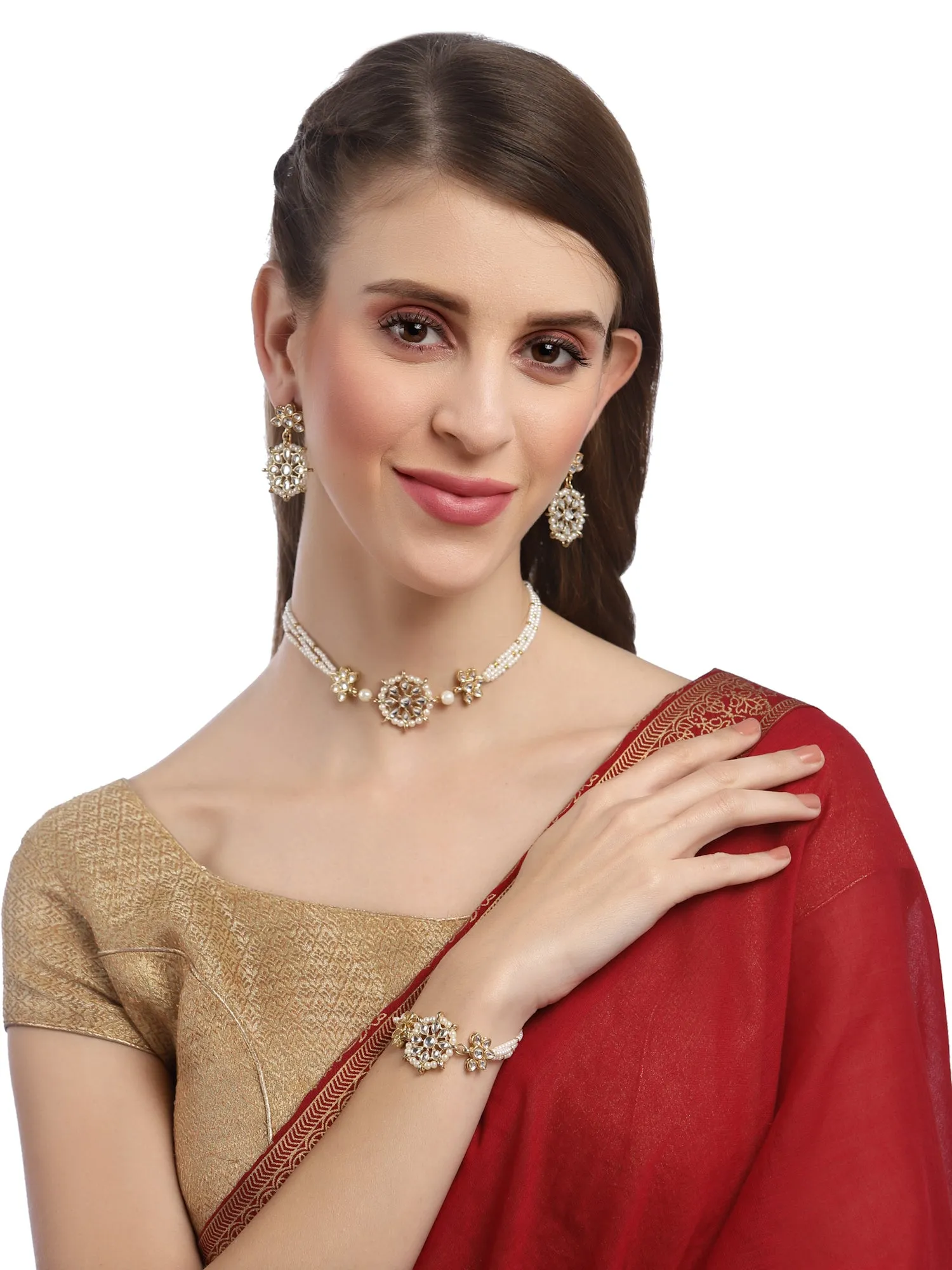 Karatcart Gold Plated Floral Pearl Beaded Choker Necklace with Earrings and Bracelet