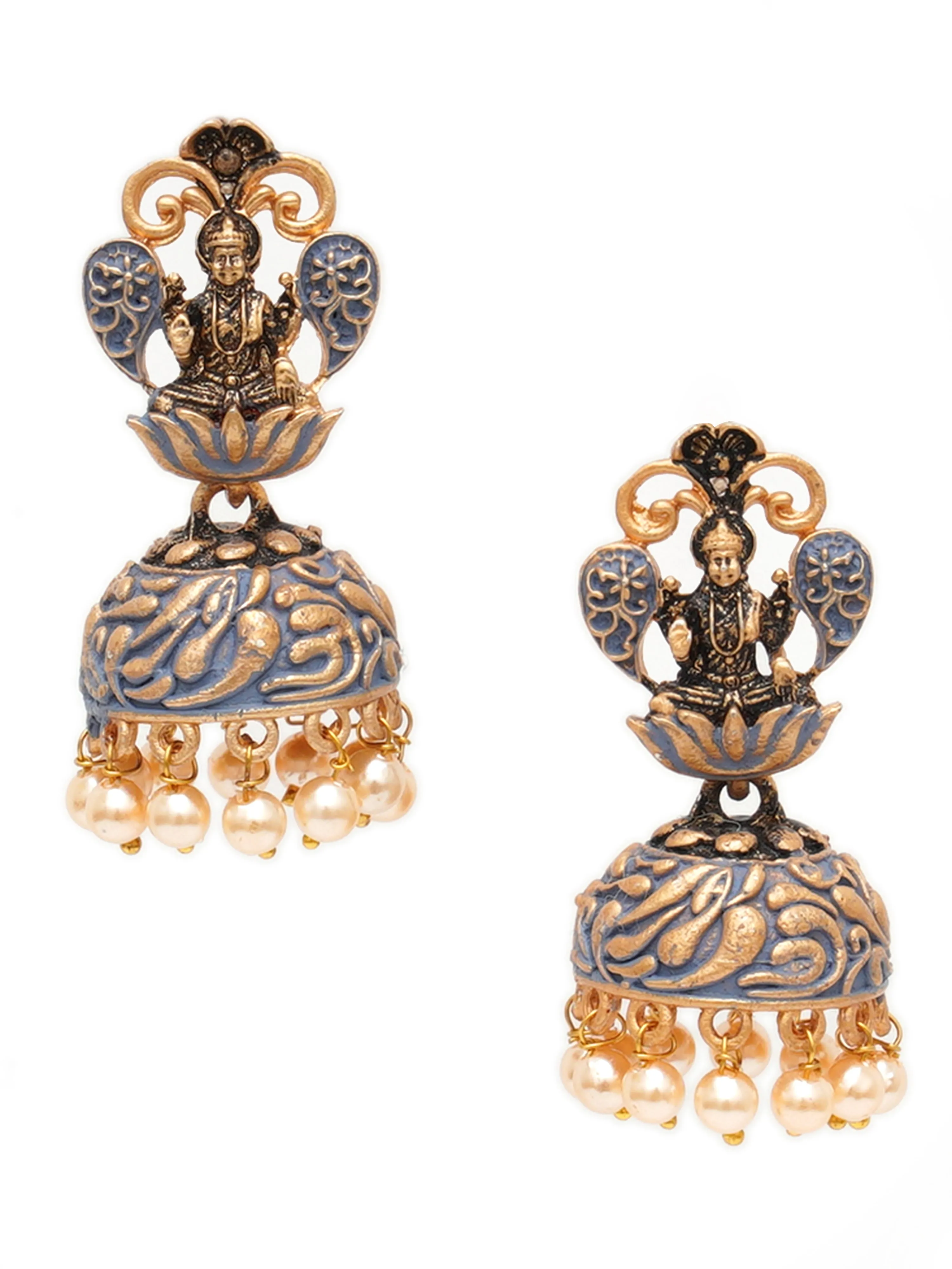 Karatcart Gold Plated Grey Meena Mata Laxmi Jhumki Earrings for Women