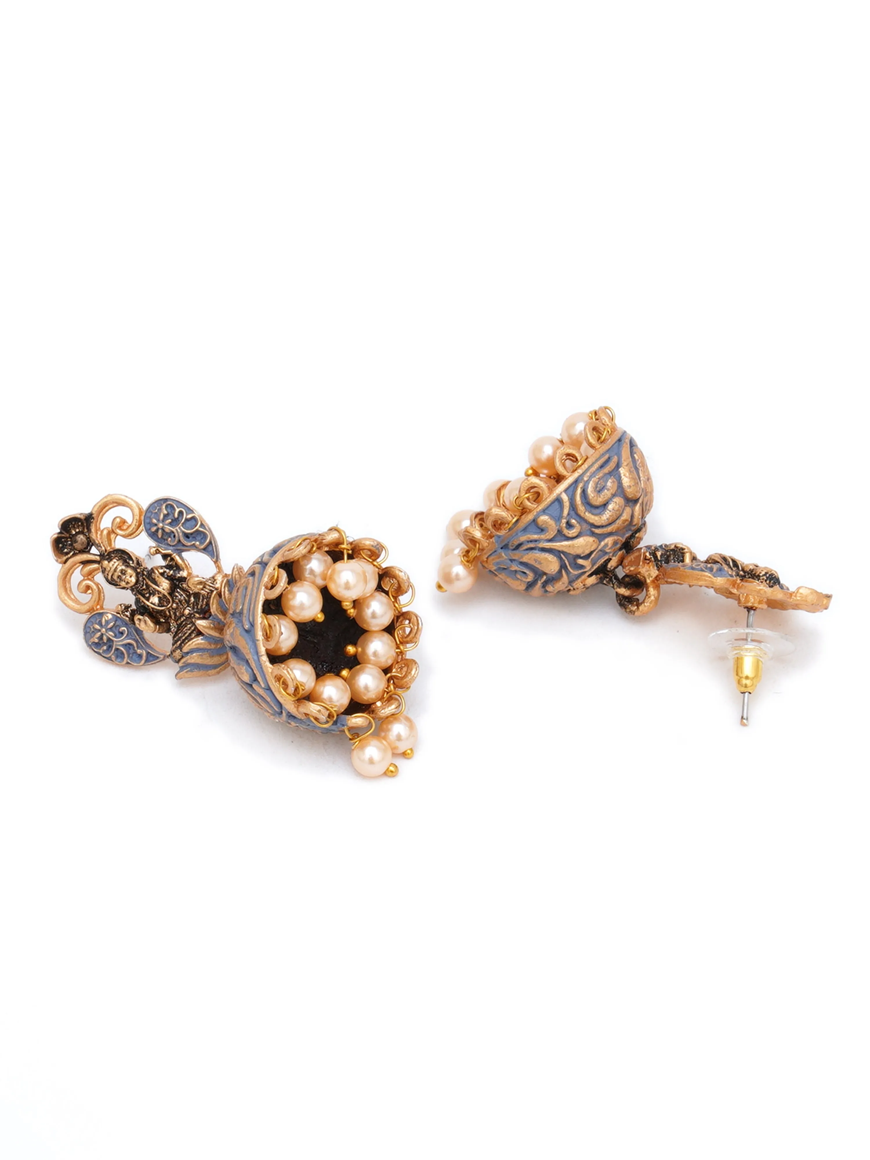 Karatcart Gold Plated Grey Meena Mata Laxmi Jhumki Earrings for Women