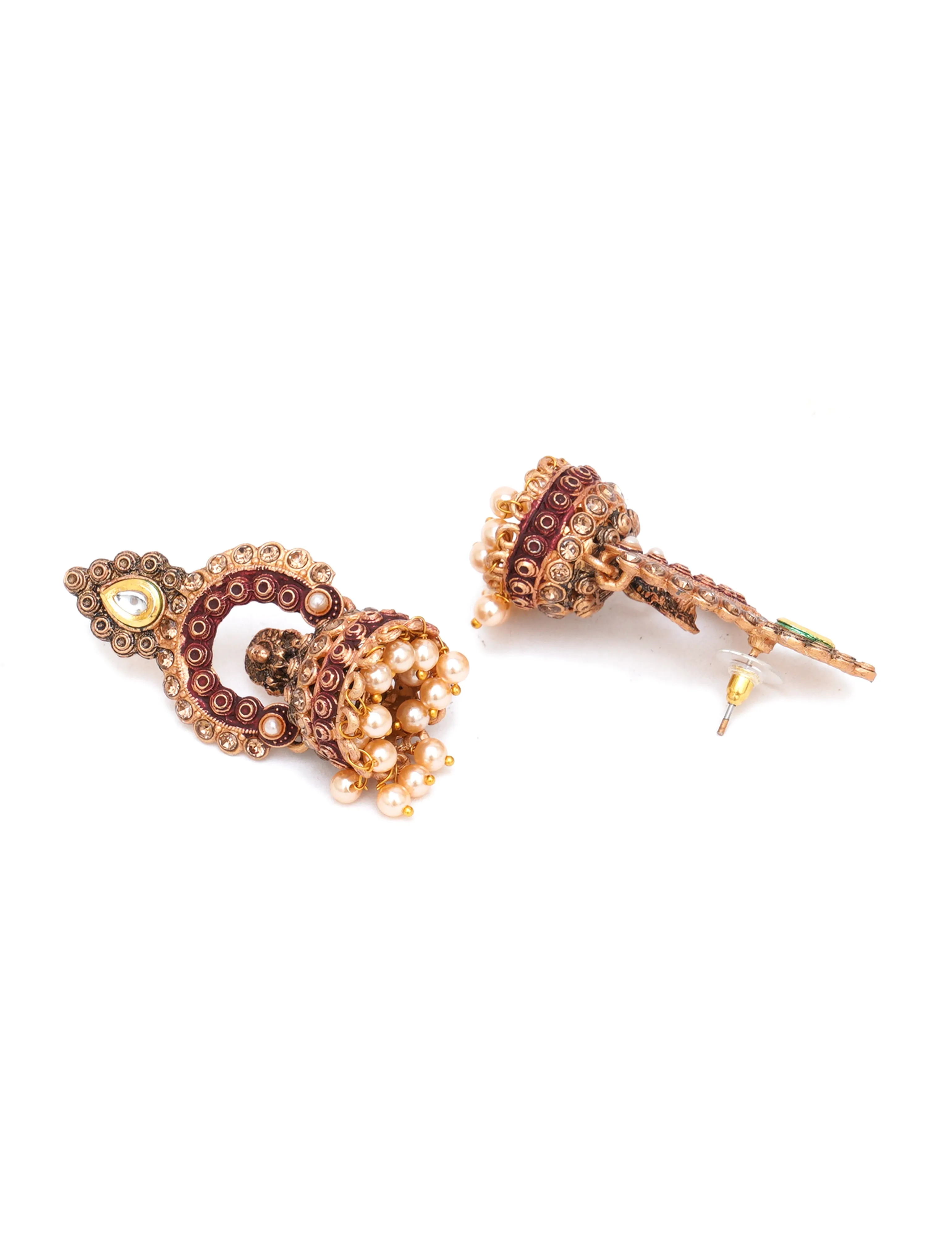 Karatcart Gold Plated Maroon Mata Laxmi Jhumki Earrings for Women
