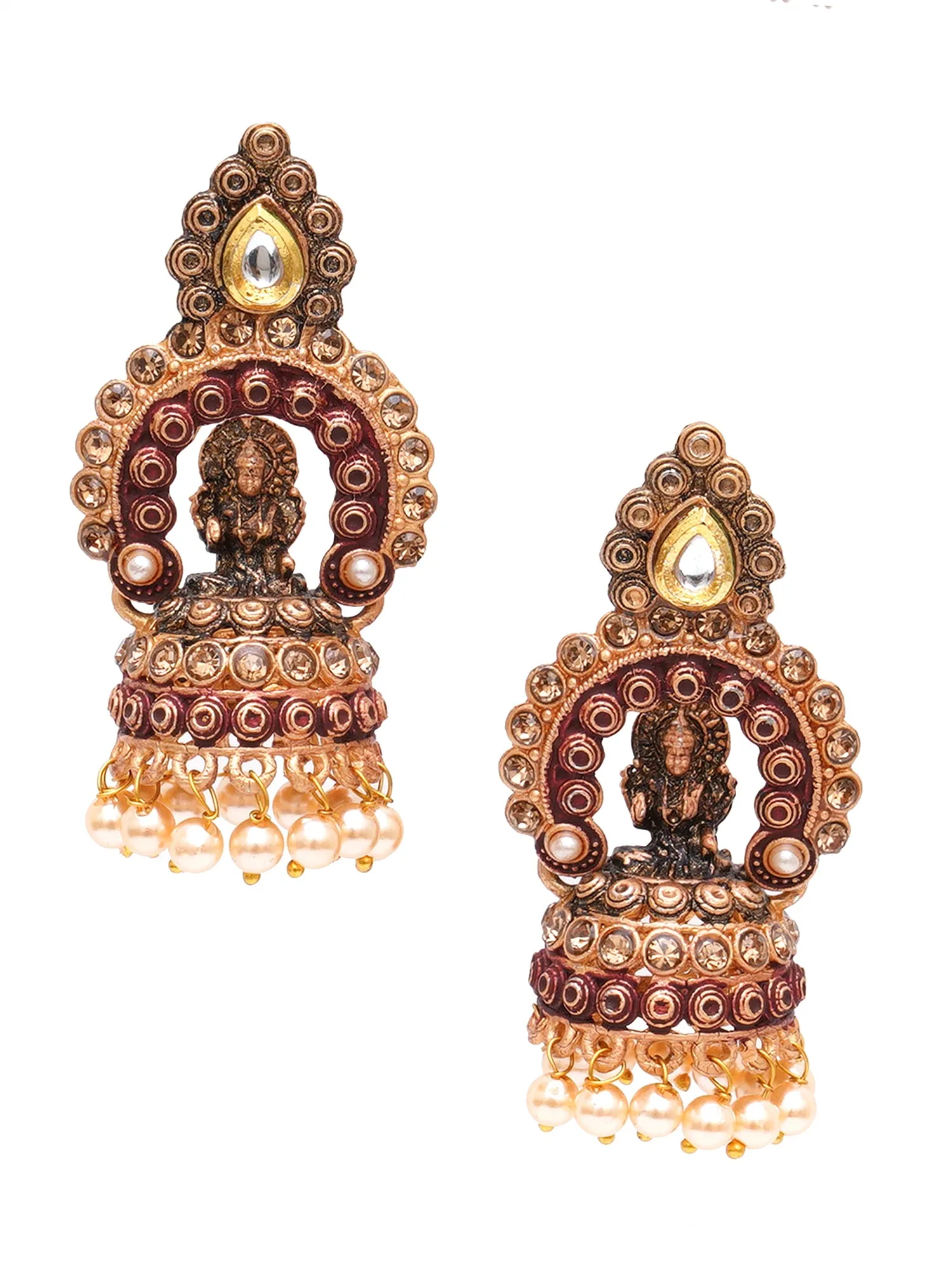 Karatcart Gold Plated Maroon Mata Laxmi Jhumki Earrings for Women