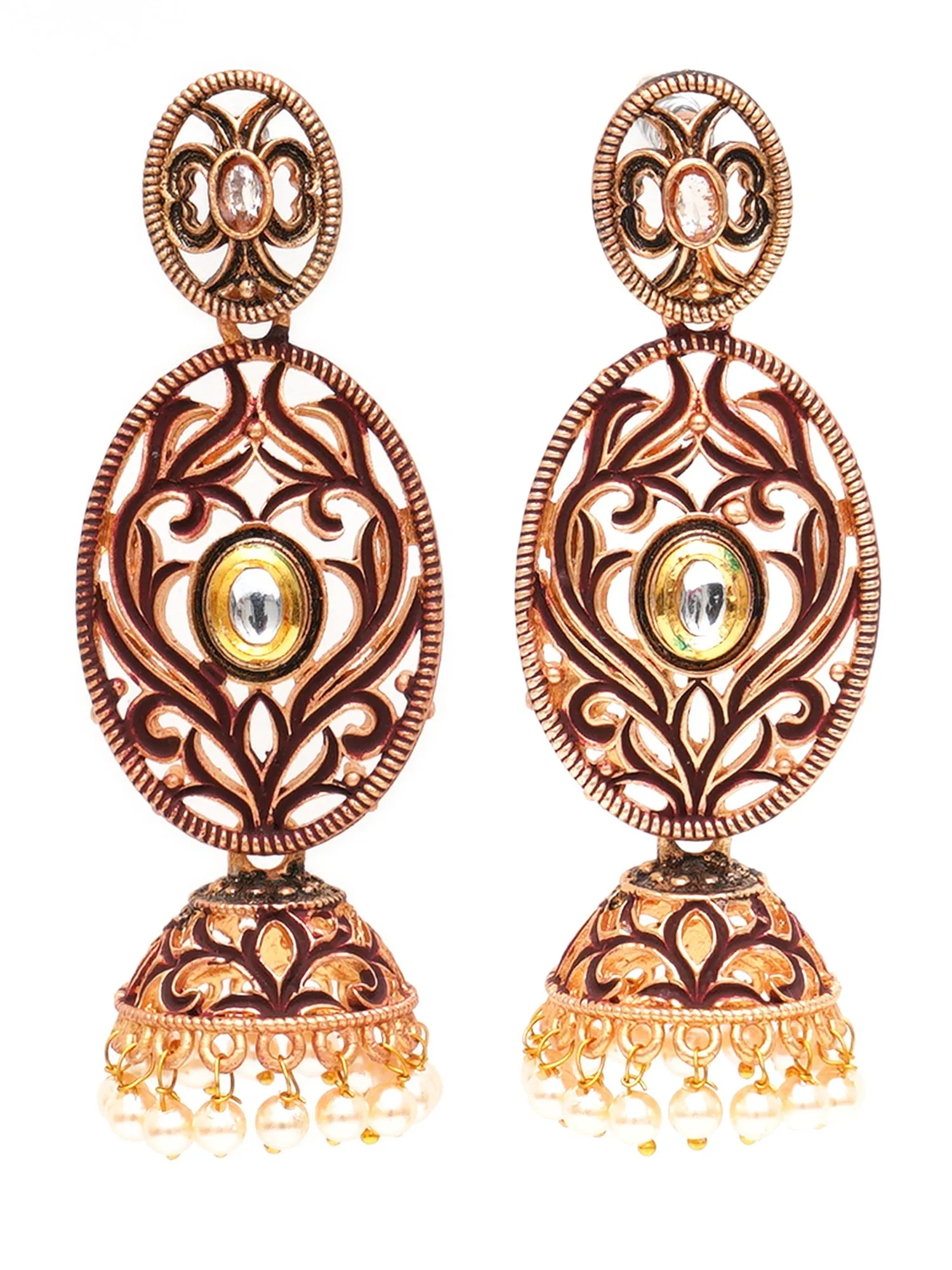 Karatcart Gold Plated Maroon Meena Dangler Jhumki Earrings for Women