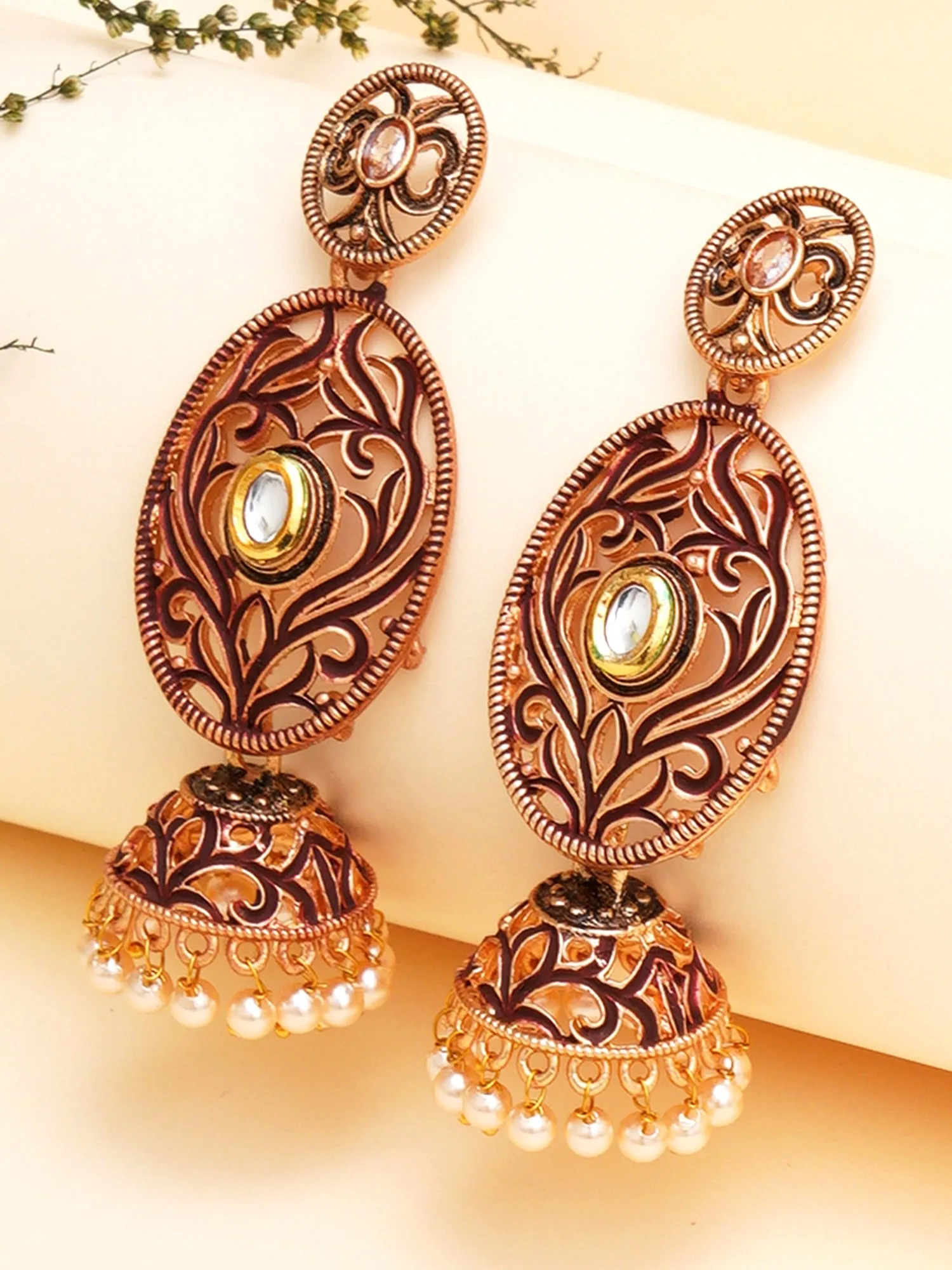 Karatcart Gold Plated Maroon Meena Dangler Jhumki Earrings for Women