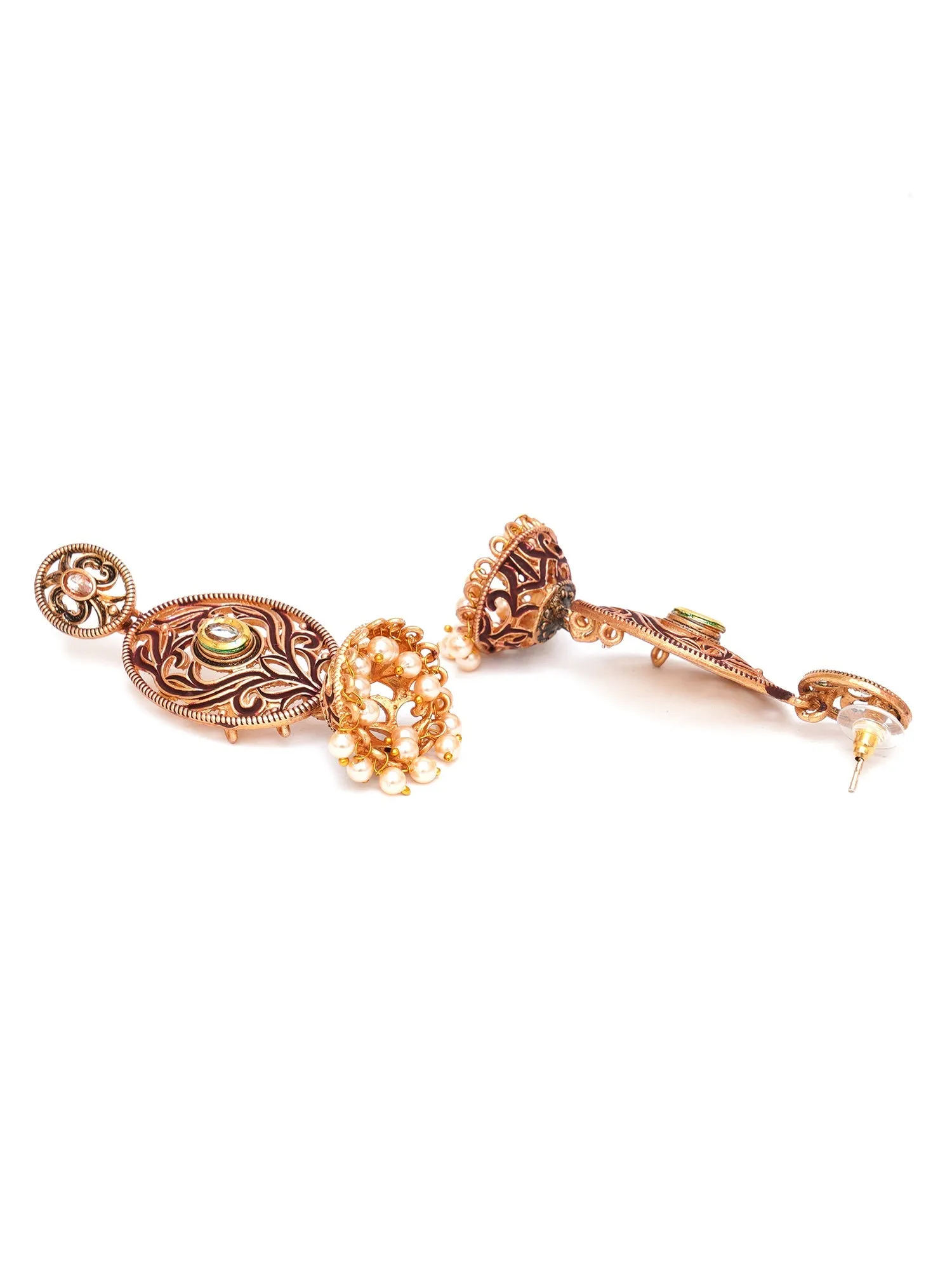 Karatcart Gold Plated Maroon Meena Dangler Jhumki Earrings for Women