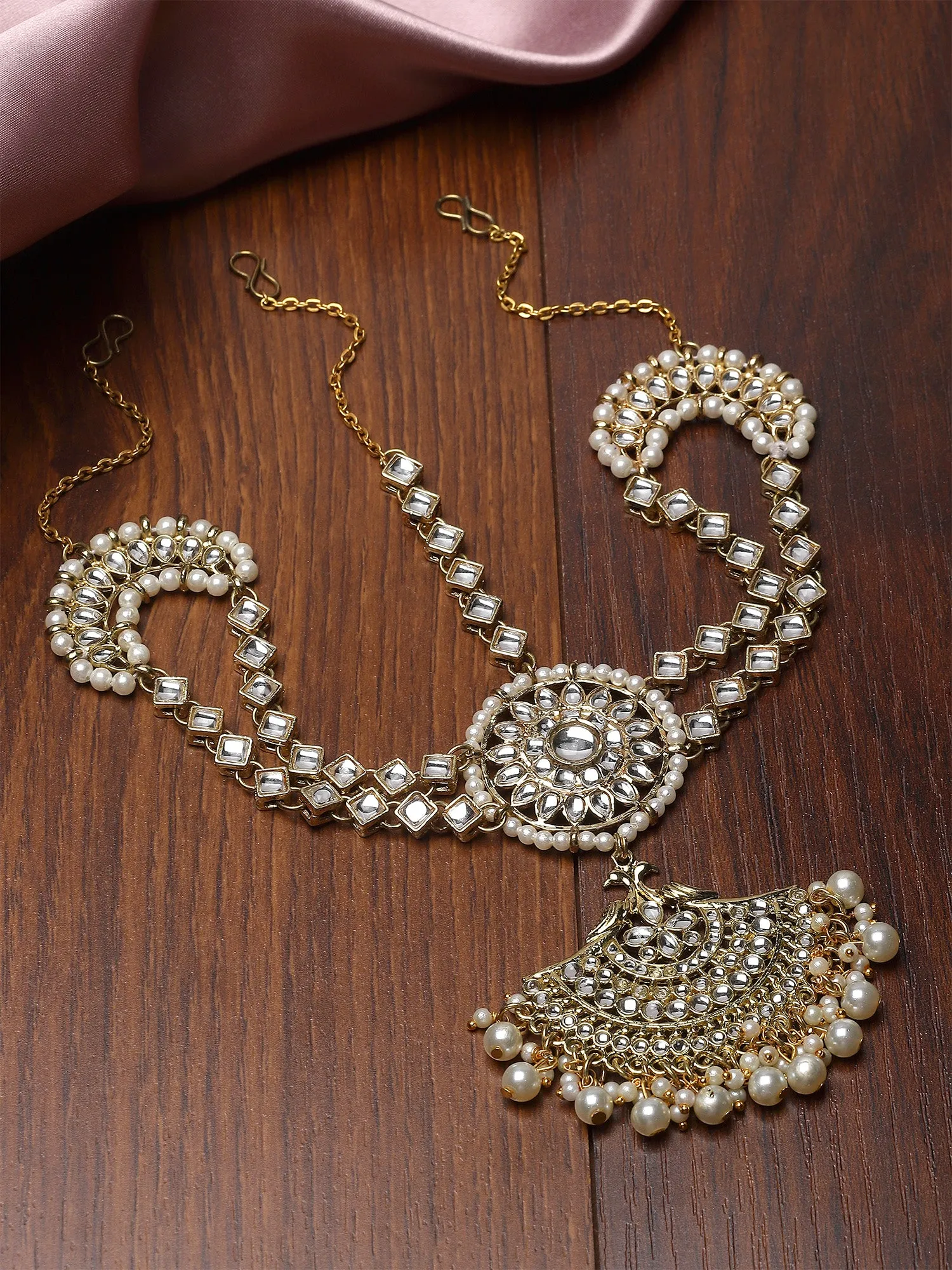 Karatcart Gold-Plated Moon Design Pearl and Kundan Mathapatti for Women