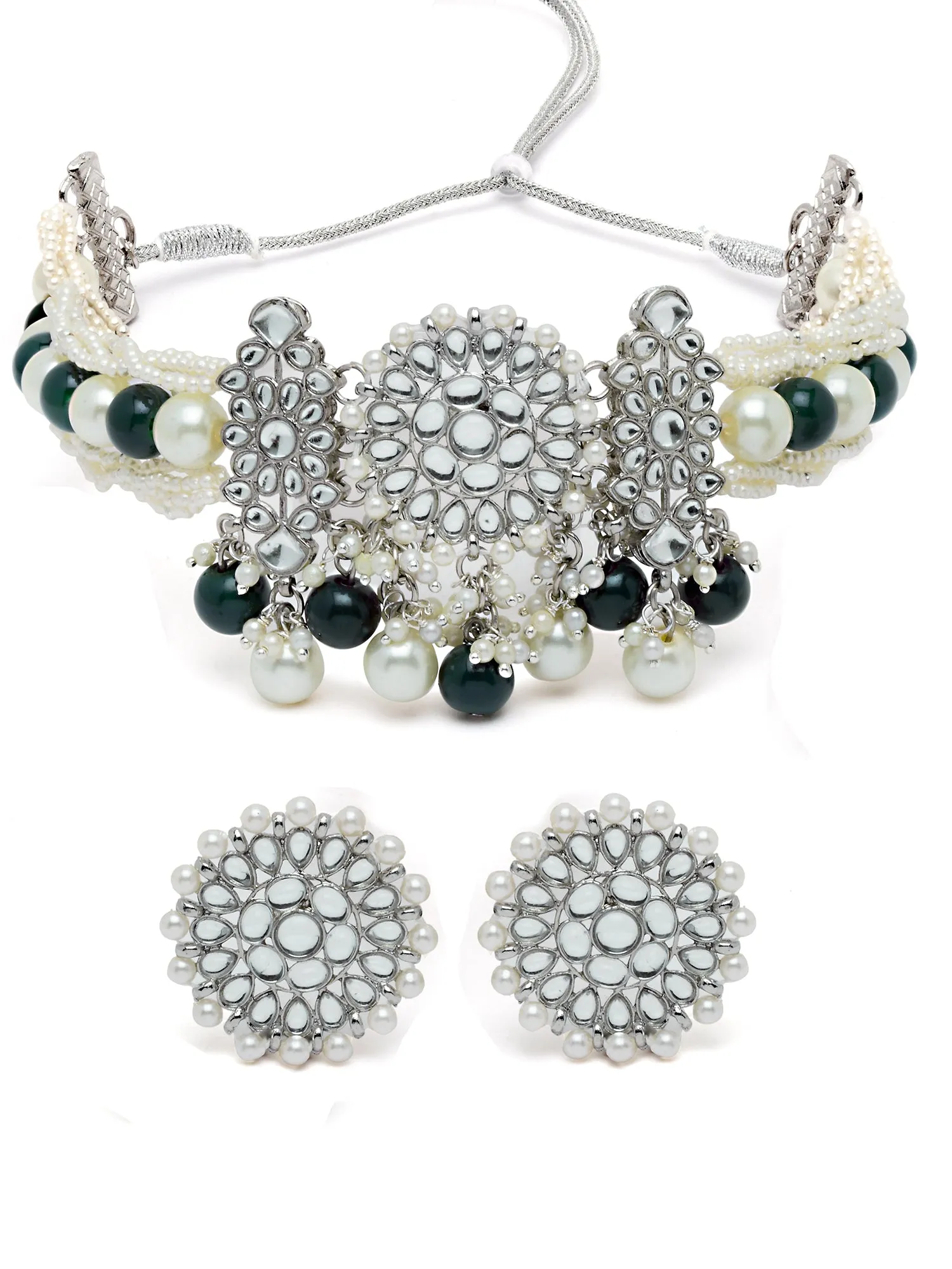 Karatcart Oxidised Silver Green and Pearl Beads Studded Kundan Choker Necklace Set for Women