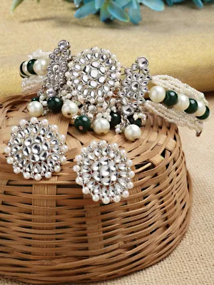Karatcart Oxidised Silver Green and Pearl Beads Studded Kundan Choker Necklace Set for Women