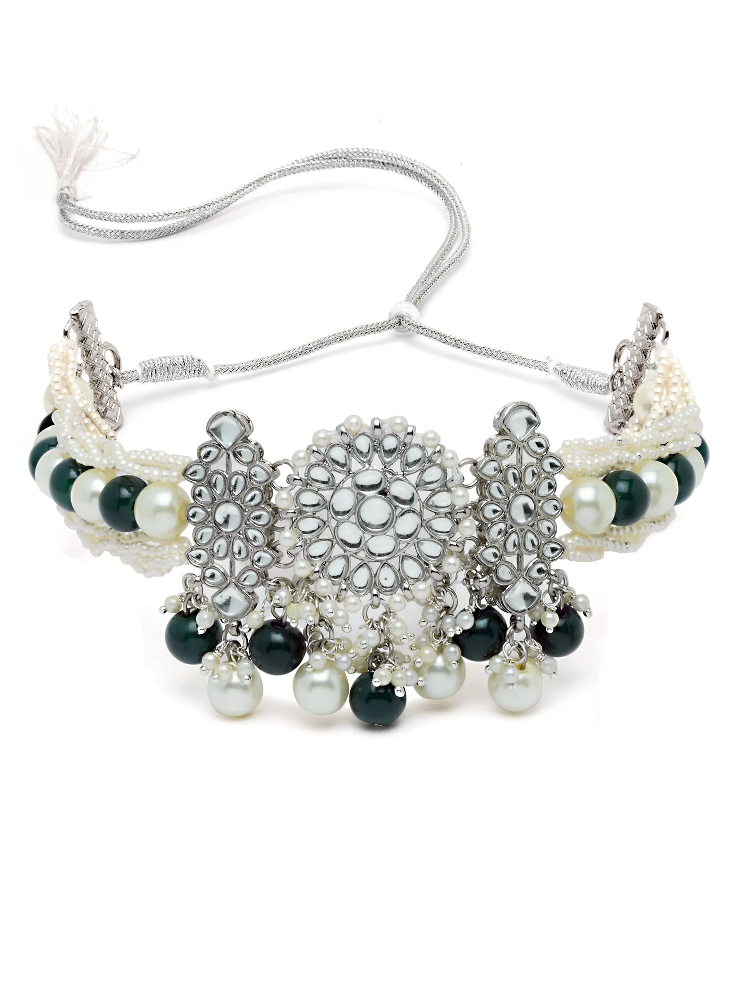 Karatcart Oxidised Silver Green and Pearl Beads Studded Kundan Choker Necklace Set for Women