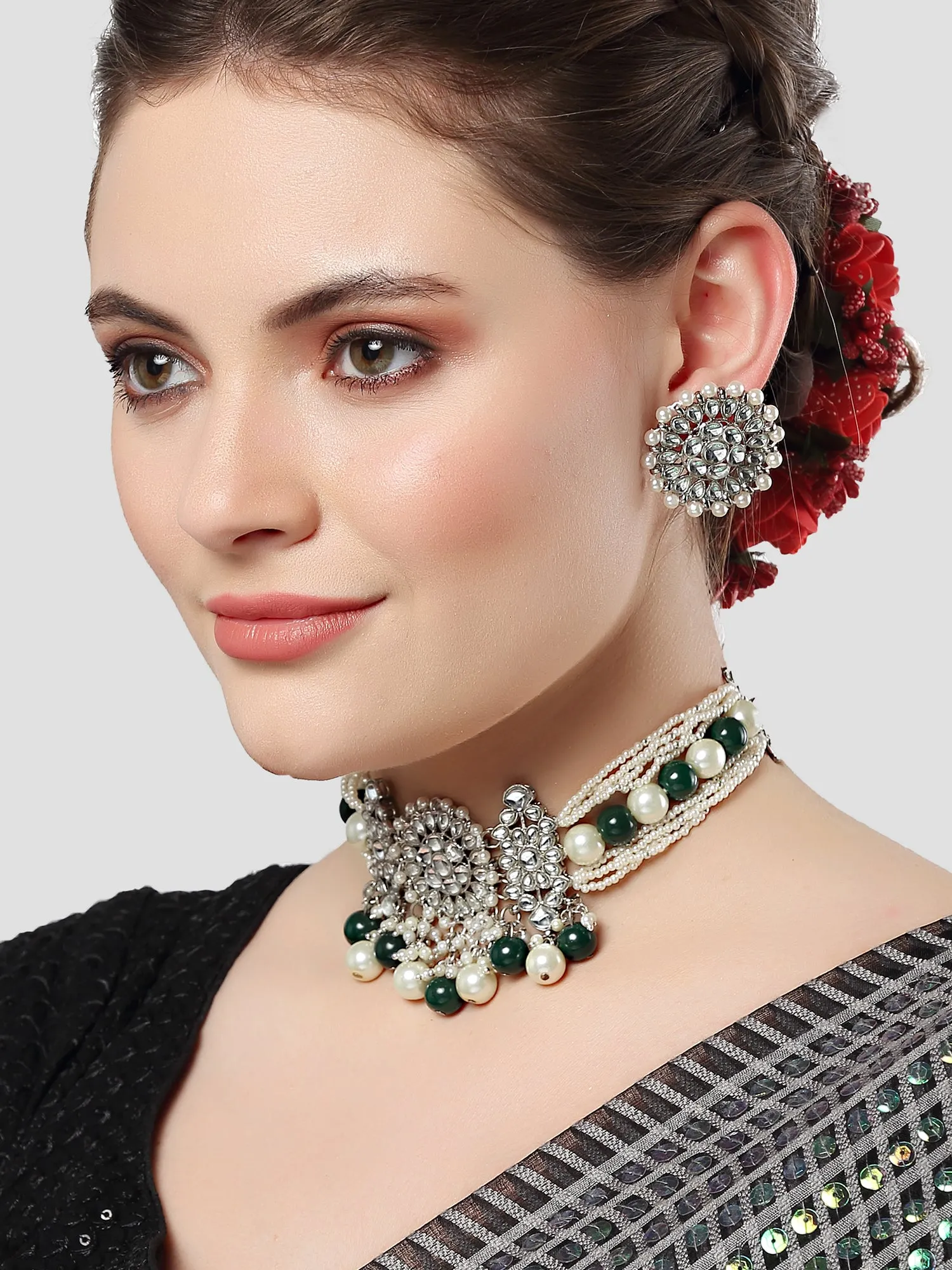 Karatcart Oxidised Silver Green and Pearl Beads Studded Kundan Choker Necklace Set for Women