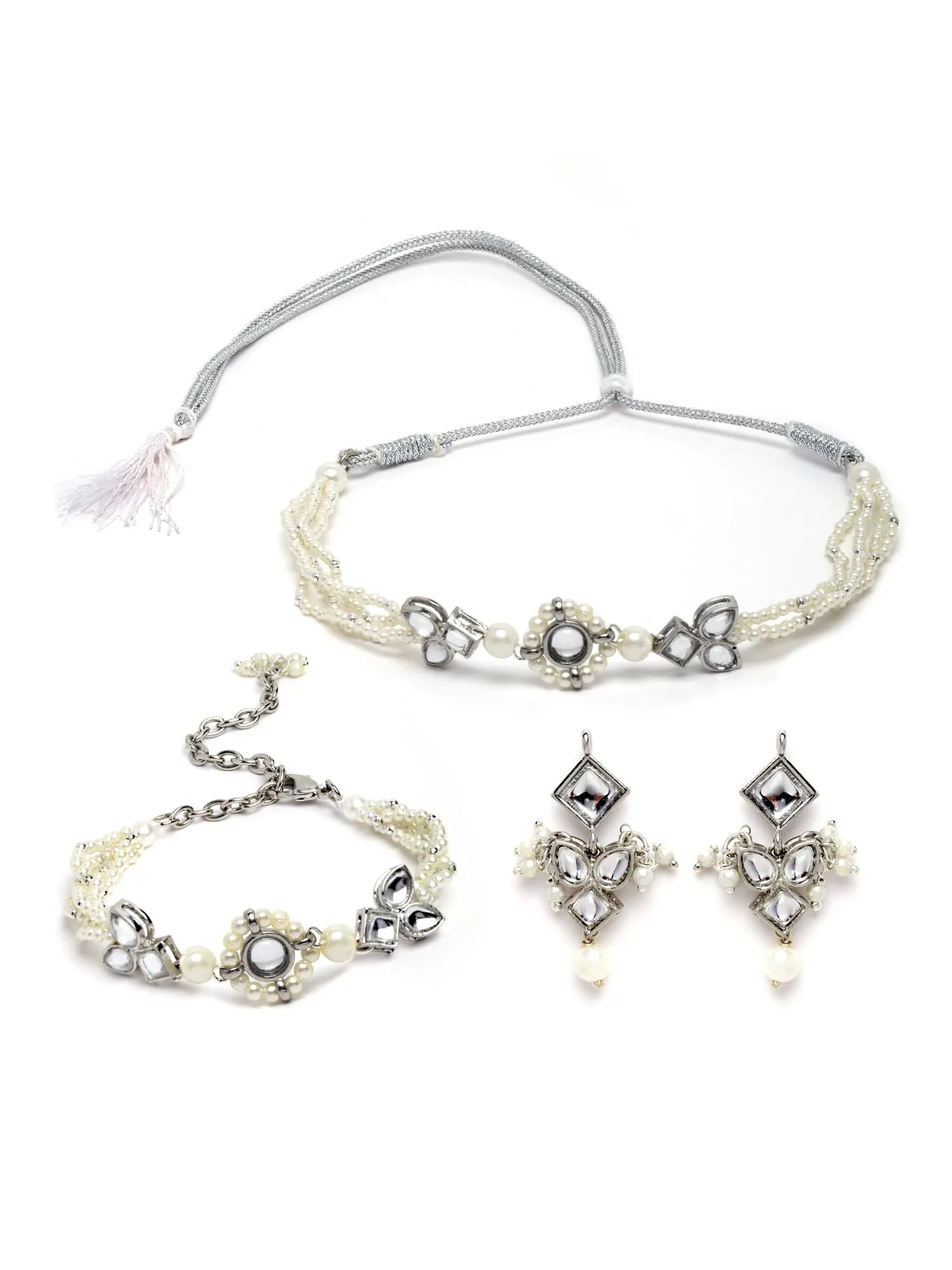 Karatcart Oxidised Silver Necklace with Earrings and Bracelet