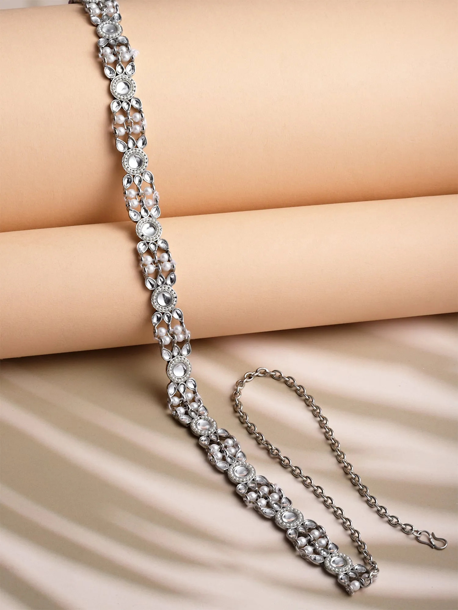 Karatcart Oxidised Silver Pearl Studded Kundan Handcrafted Kamarbandh
