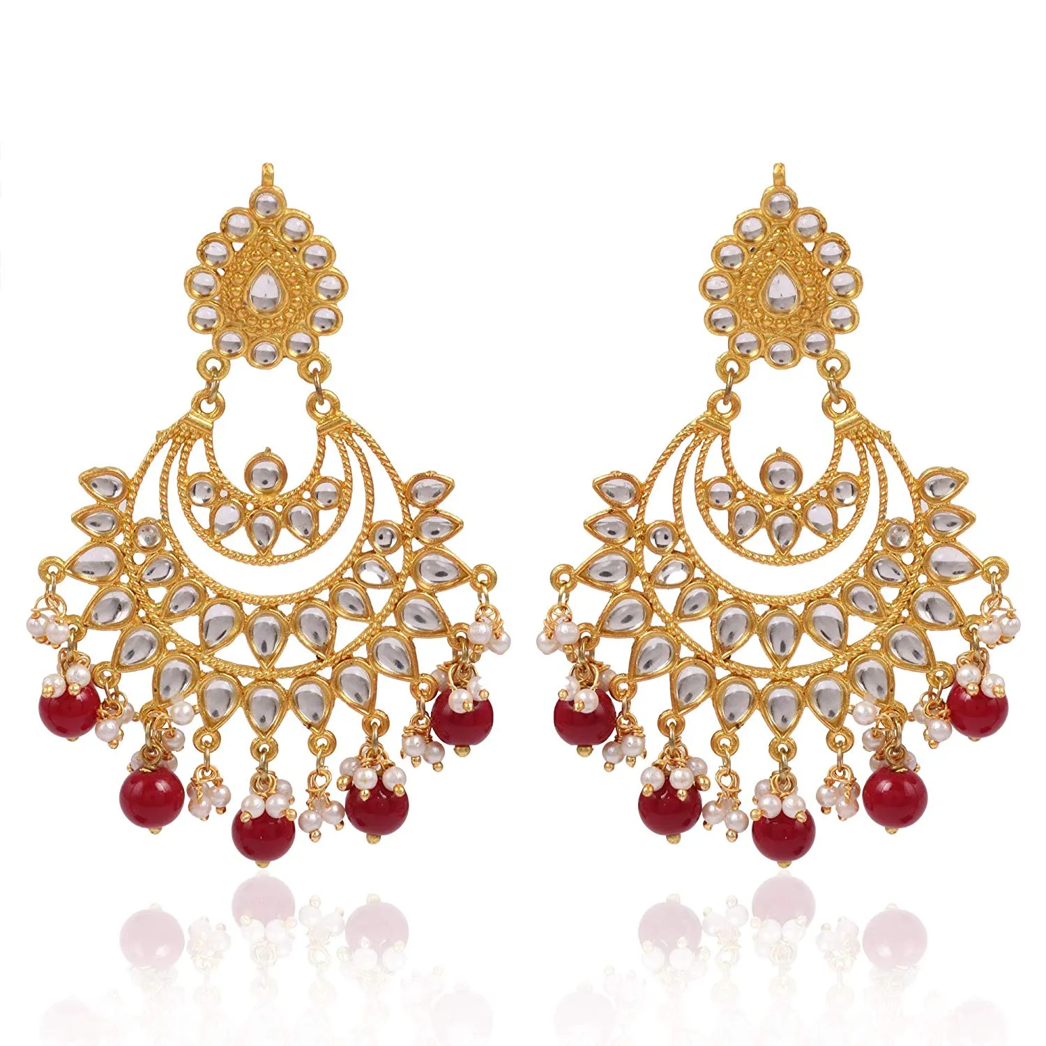 Karatcart Red Beads and Kundan Chandbali Earrings
