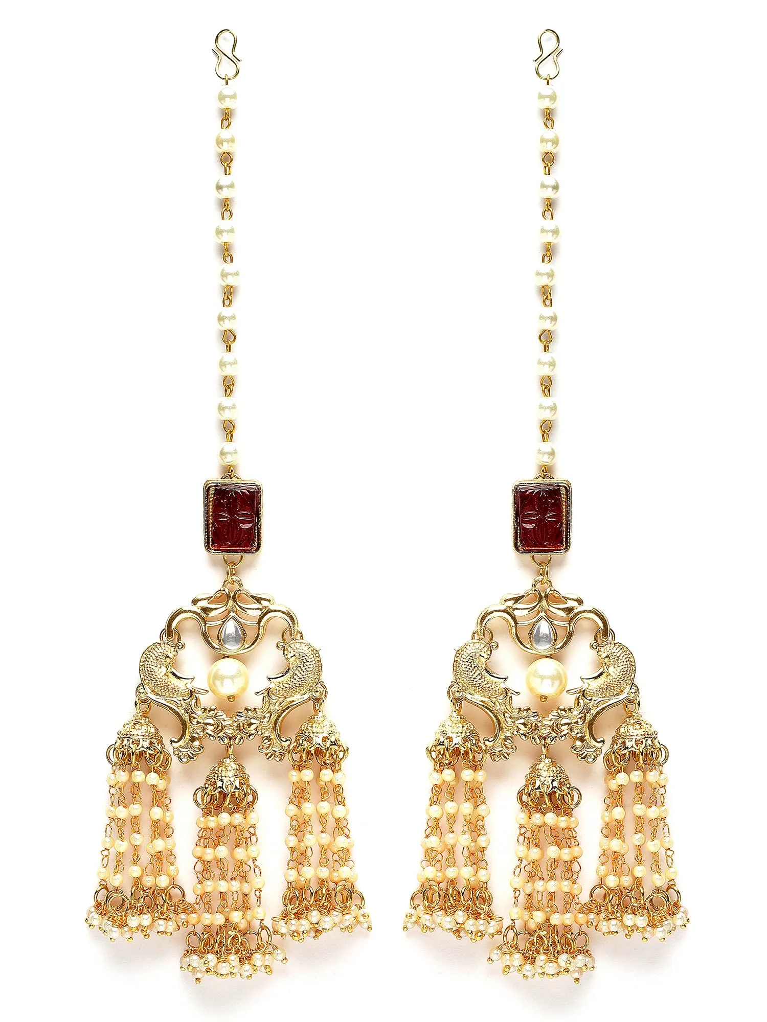 Karatcart Red Carved Stone and Pearl Kundan Kaanchain Drop Earring for Women