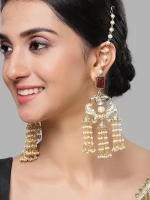 Karatcart Red Carved Stone and Pearl Kundan Kaanchain Drop Earring for Women