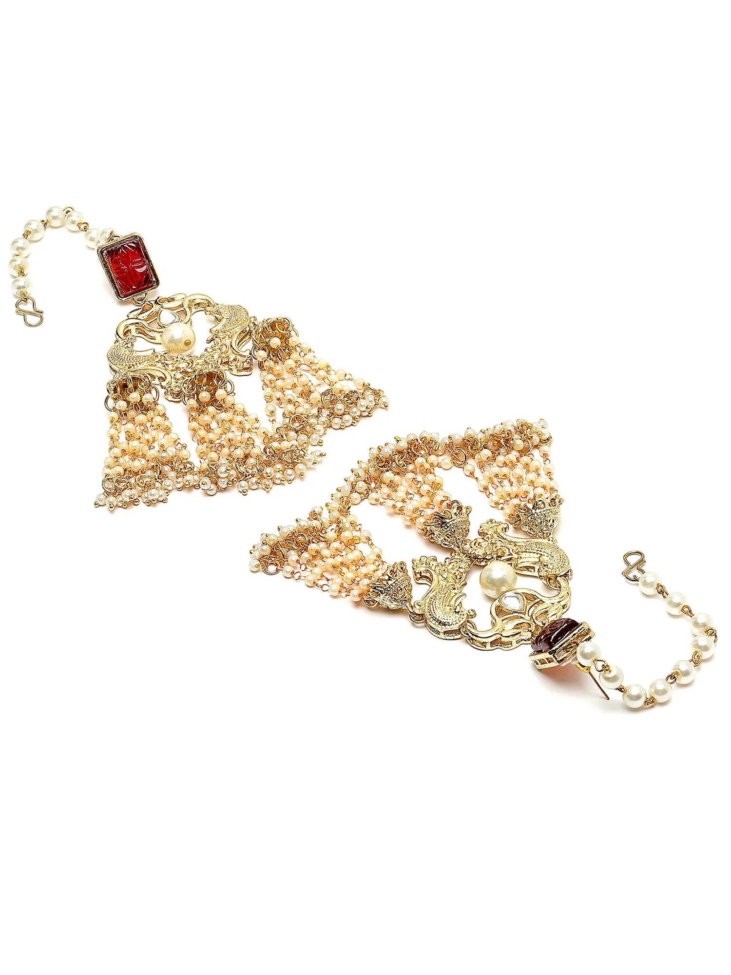 Karatcart Red Carved Stone and Pearl Kundan Kaanchain Drop Earring for Women
