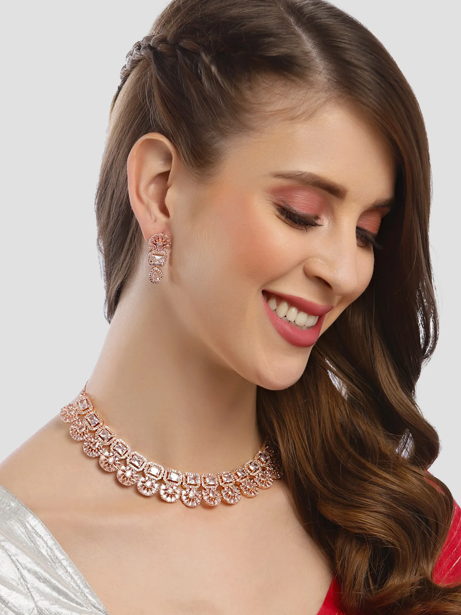 Karatcart Rose Gold Plated American Diamond Necklace Set for Women