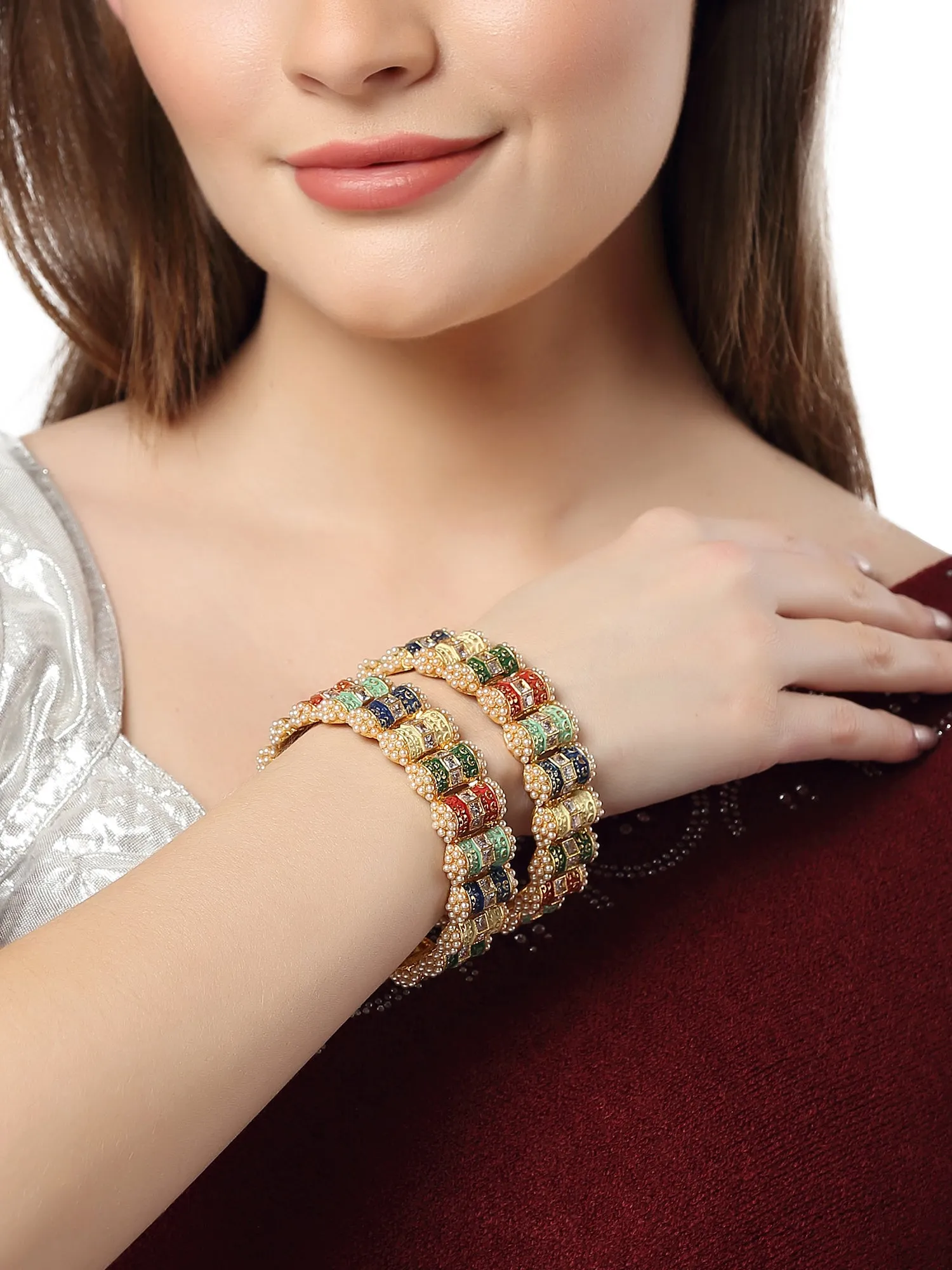 Karatcart Set of 2 Antique Gold Plated Multicolor Rajwadi Bangles for Women