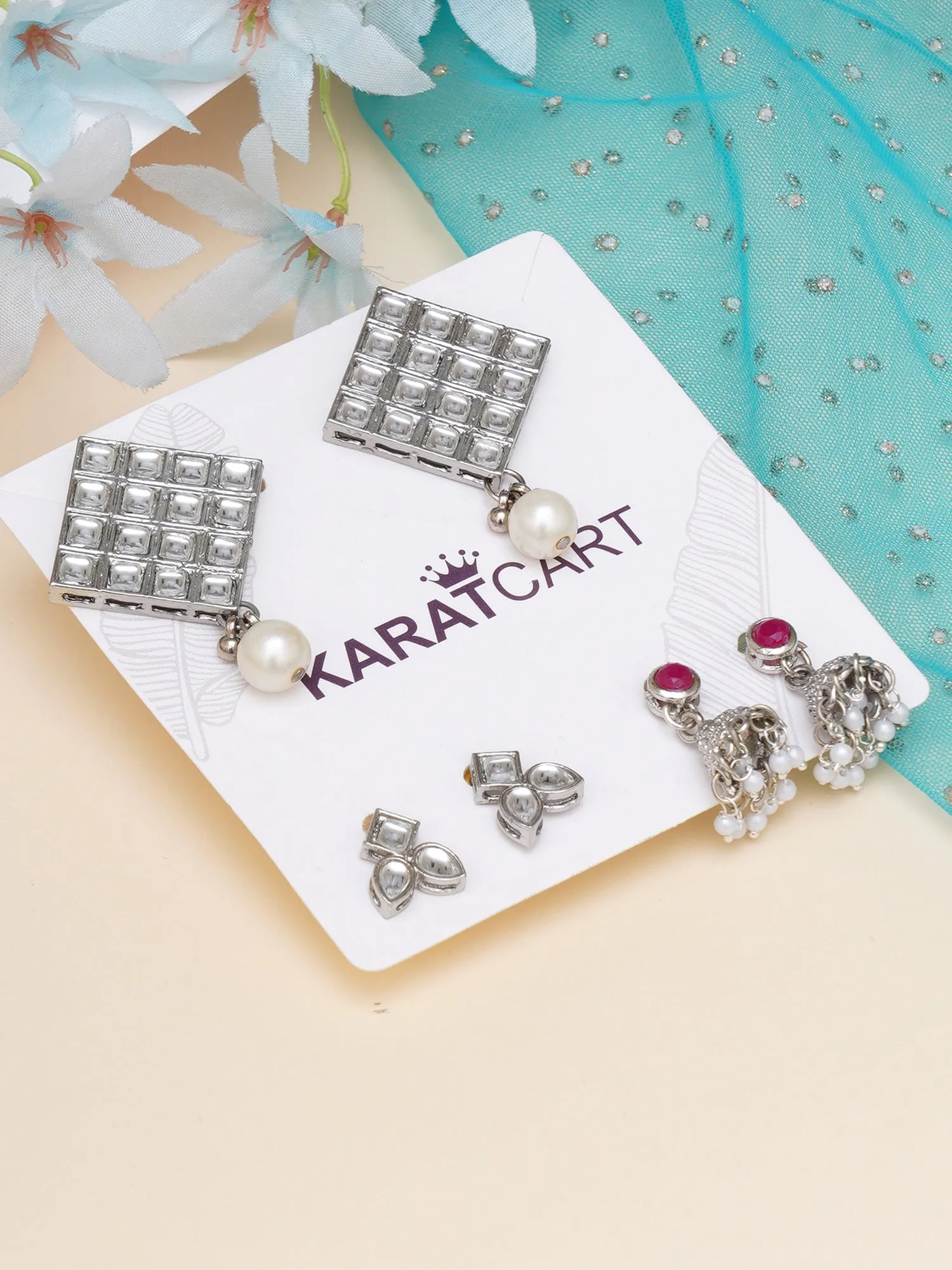 Karatcart Set of 3 Handcrafted Kundan Earrings Combo for Women