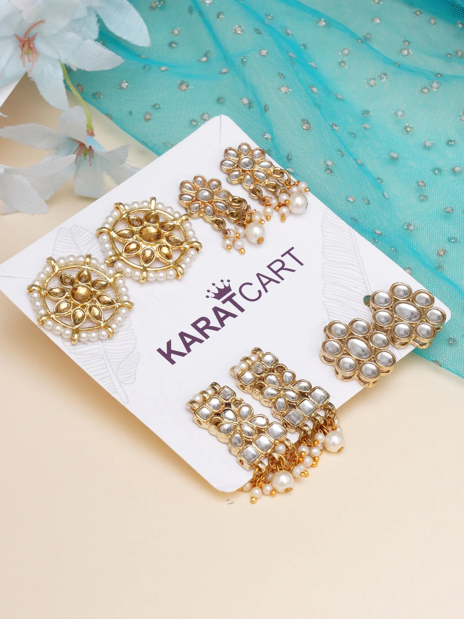 Karatcart Set of 4 Handcrafted Kundan Earrings Combo for Women