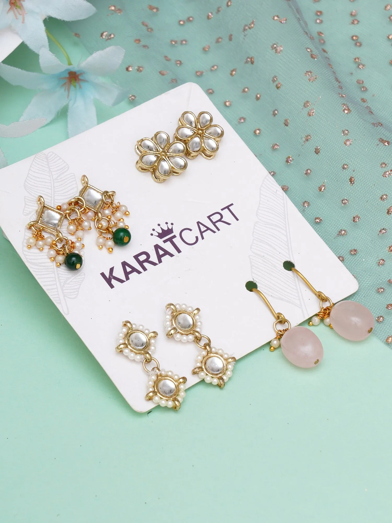 Karatcart Set of 4 Handcrafted Kundan Earrings Combo for Women