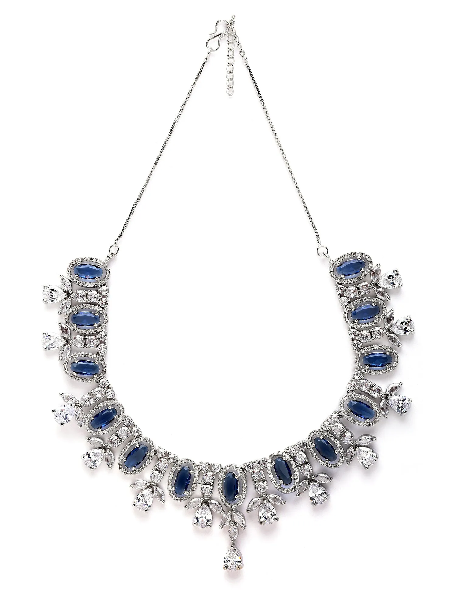 Karatcart Silver Tone Blue Cubic Zirconia Studded Necklace Set for Women