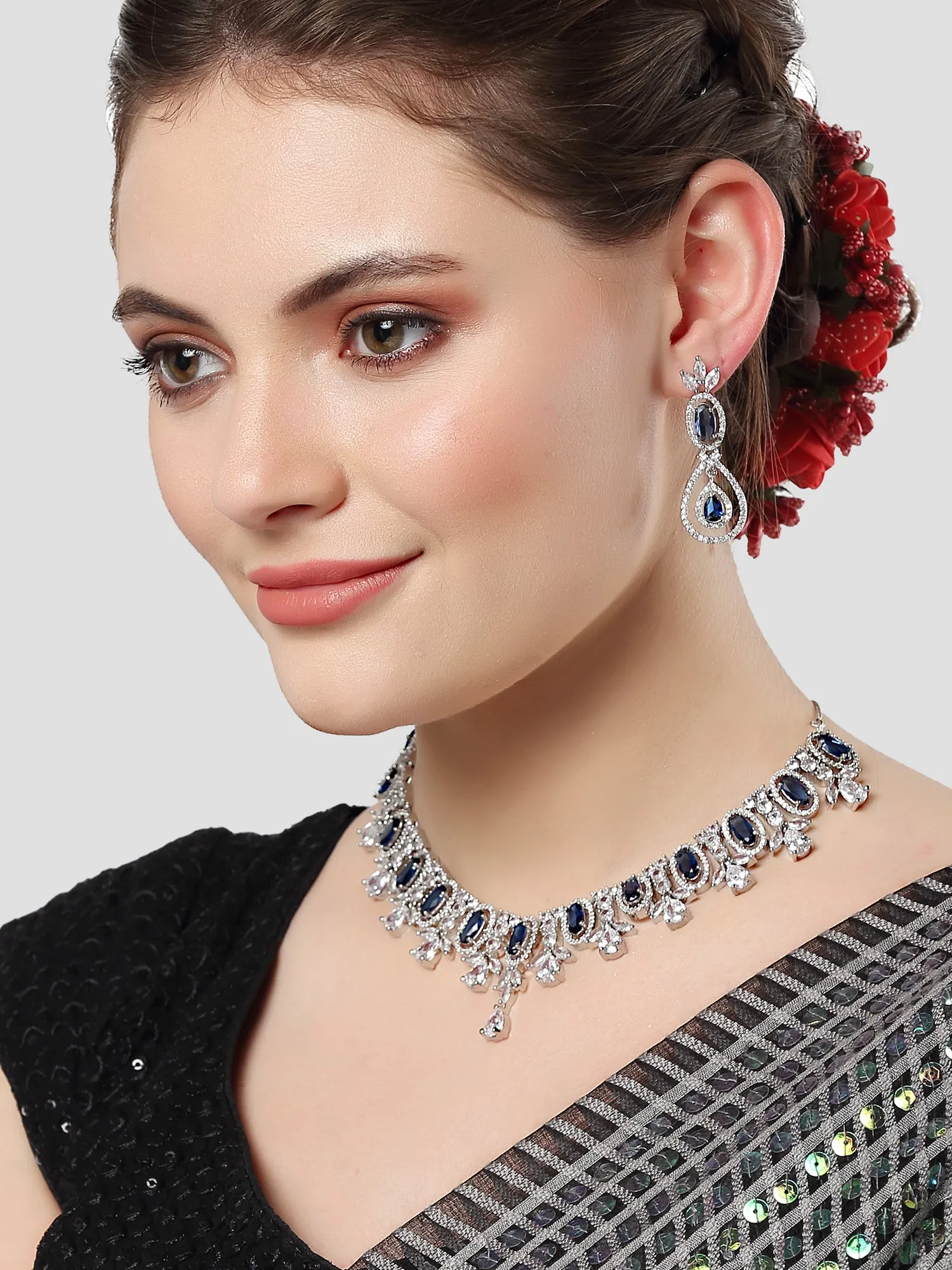 Karatcart Silver Tone Blue Cubic Zirconia Studded Necklace Set for Women