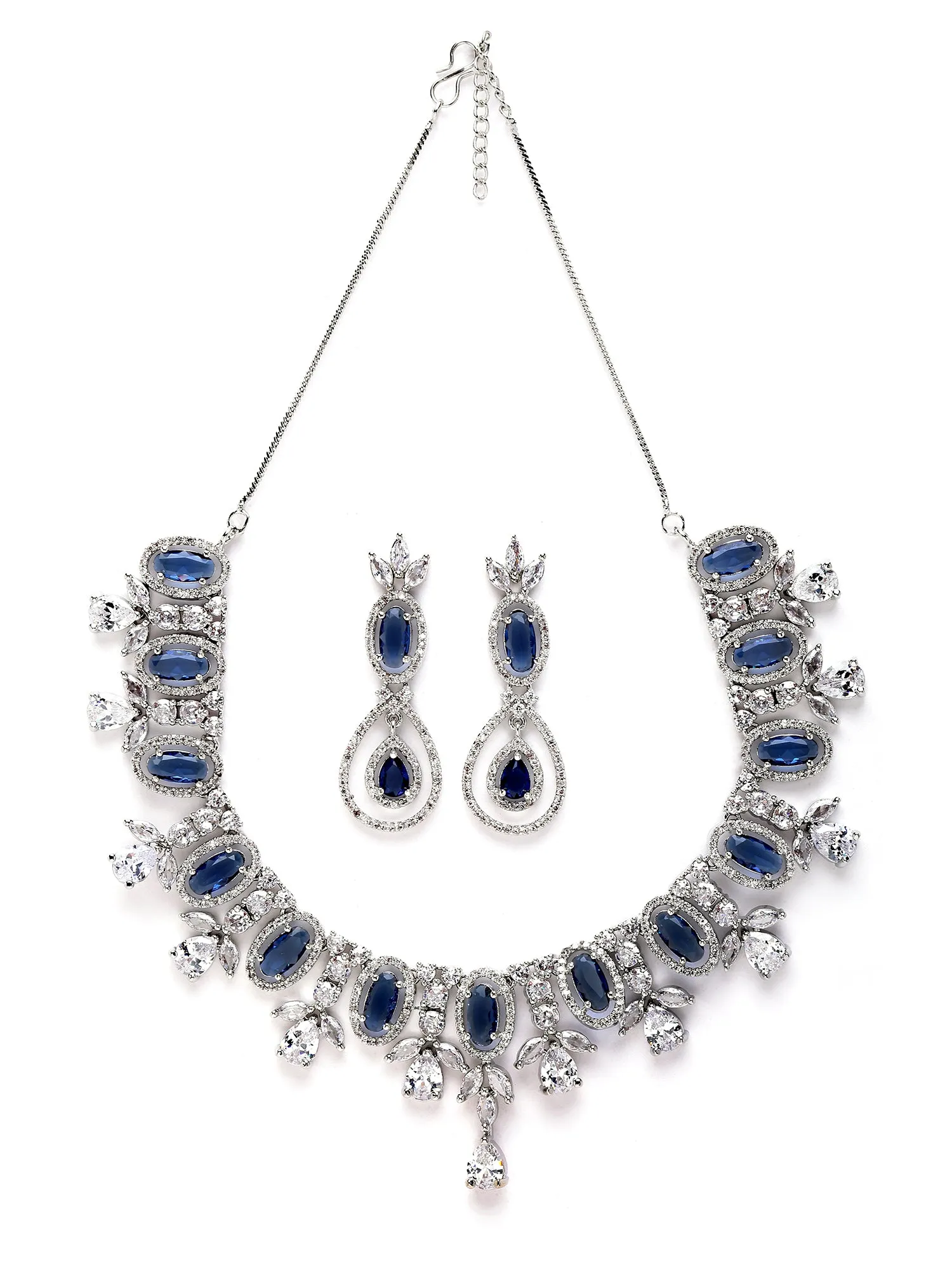 Karatcart Silver Tone Blue Cubic Zirconia Studded Necklace Set for Women