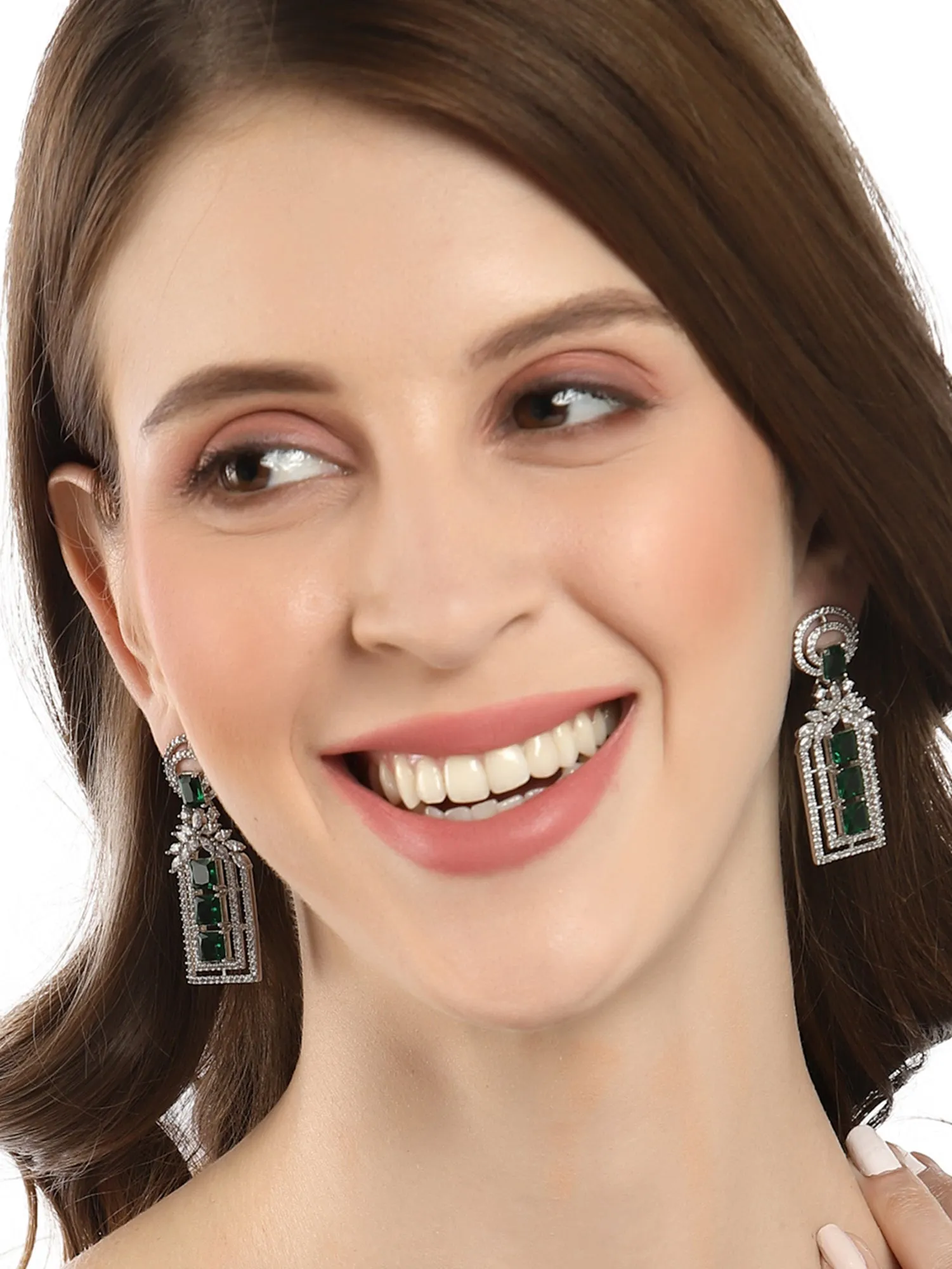 Karatcart Silver Tone Green AD Drop Earrings for Women