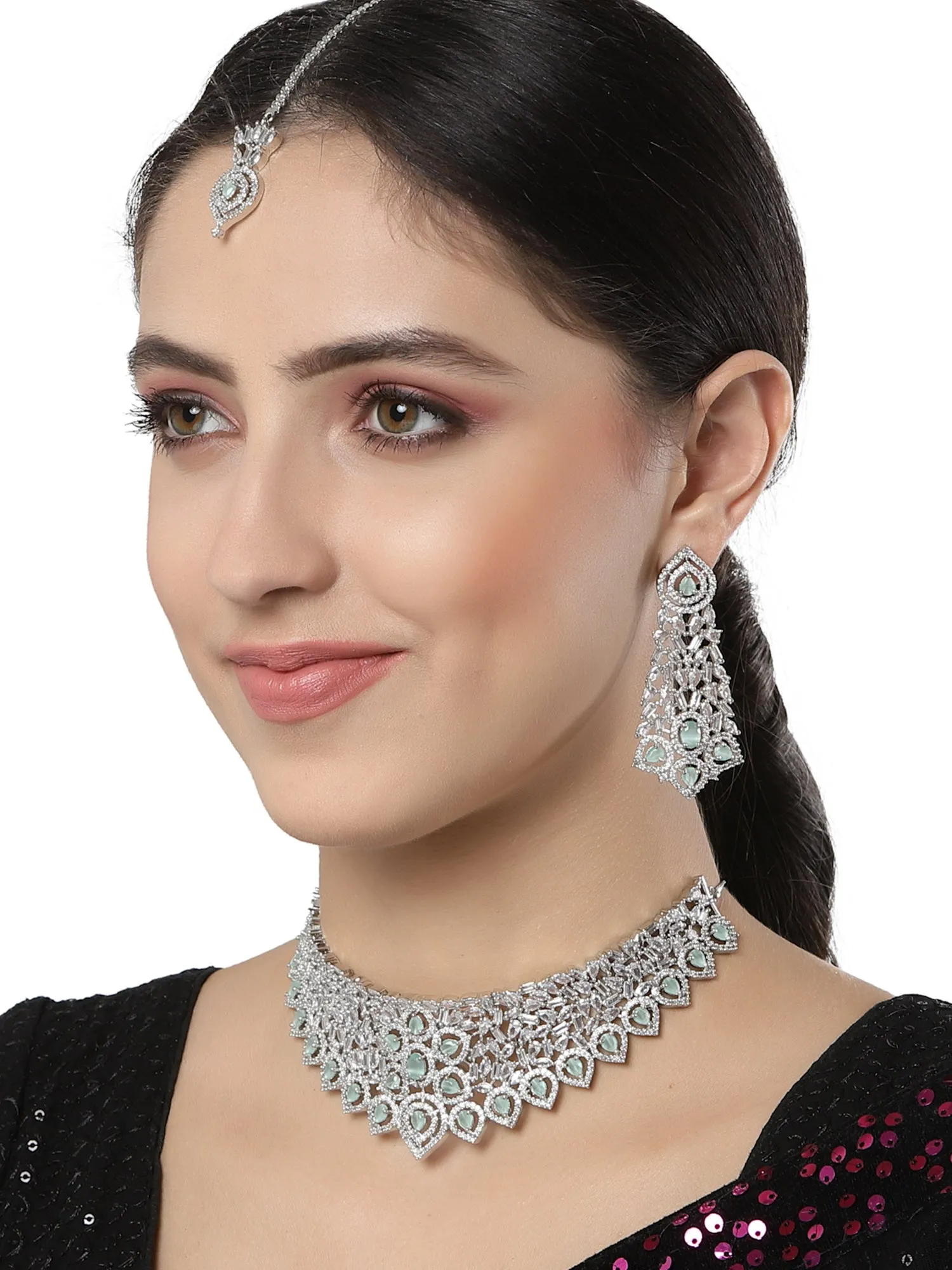 Karatcart Silver Tone Lime Green American Diamond Choker Necklace Set