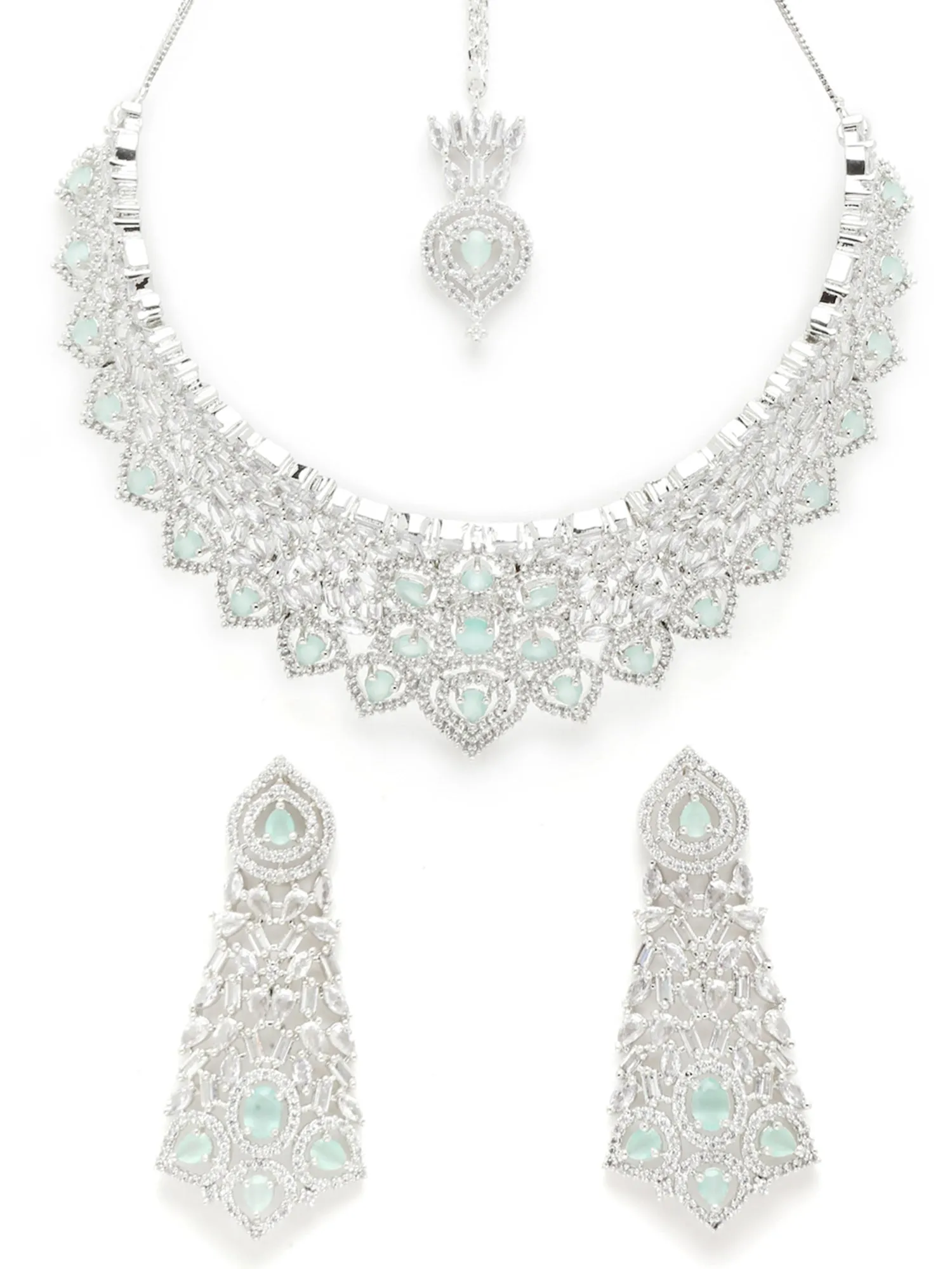 Karatcart Silver Tone Lime Green American Diamond Choker Necklace Set
