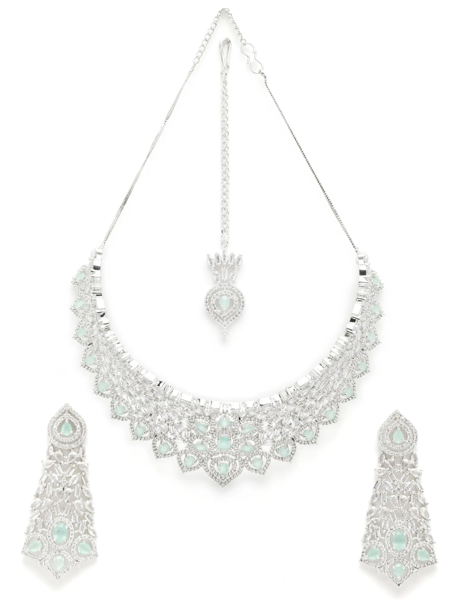 Karatcart Silver Tone Lime Green American Diamond Choker Necklace Set