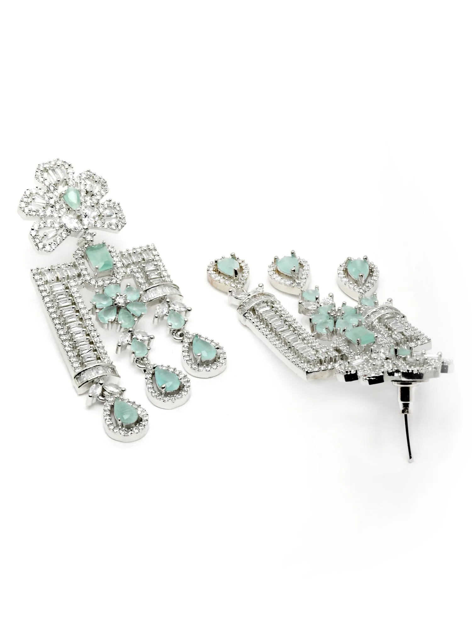 Karatcart Silver Tone Lime Green American Diamond Drop Earrings for Women
