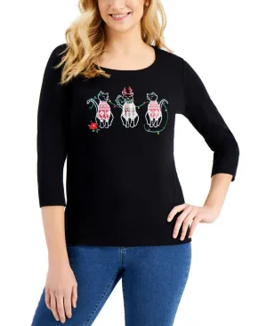 Karen Scott Petite Embellished Graphic 3/4 Sleeve Christmas Top