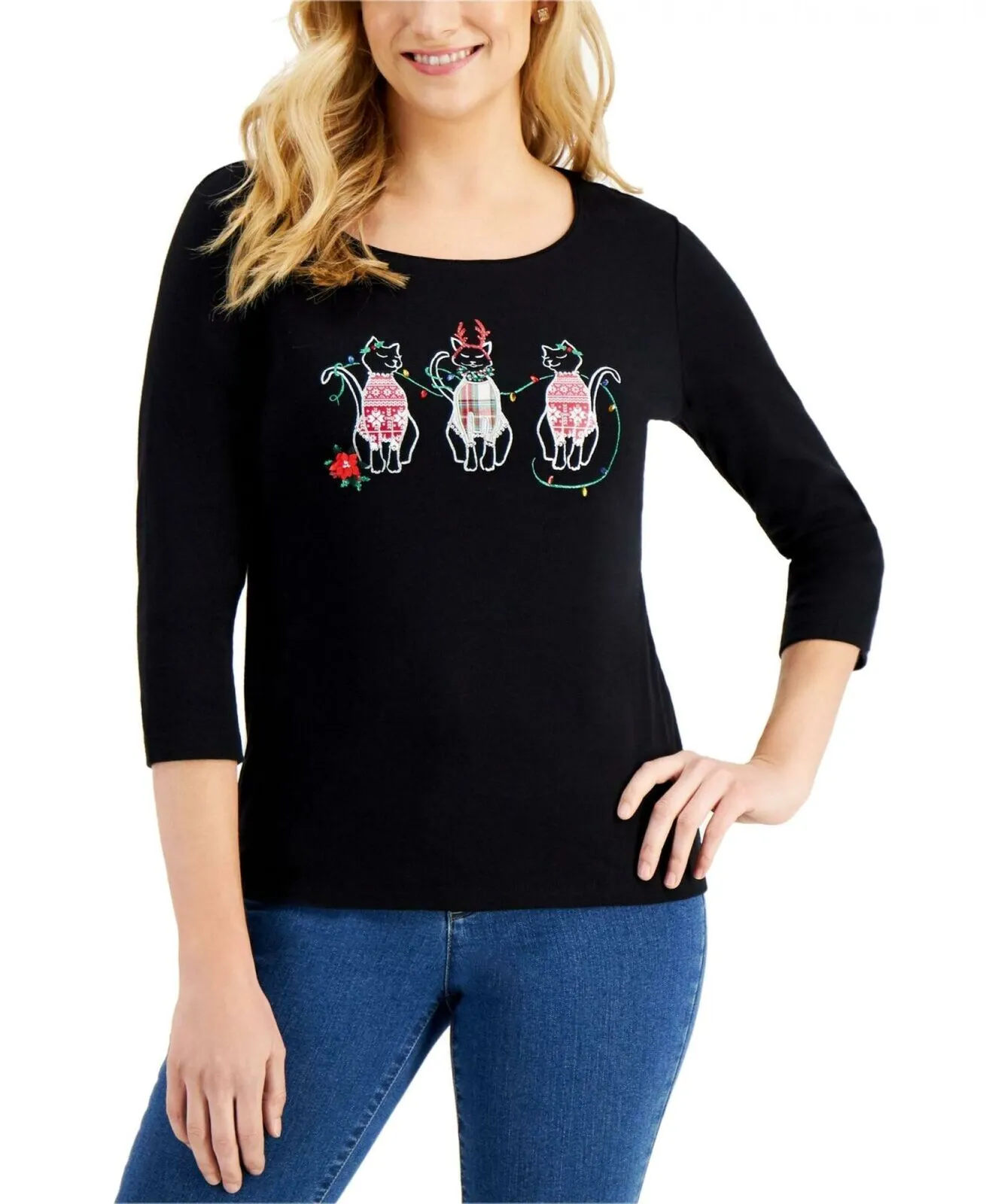 Karen Scott Petite Embellished Graphic 3/4 Sleeve Christmas Top